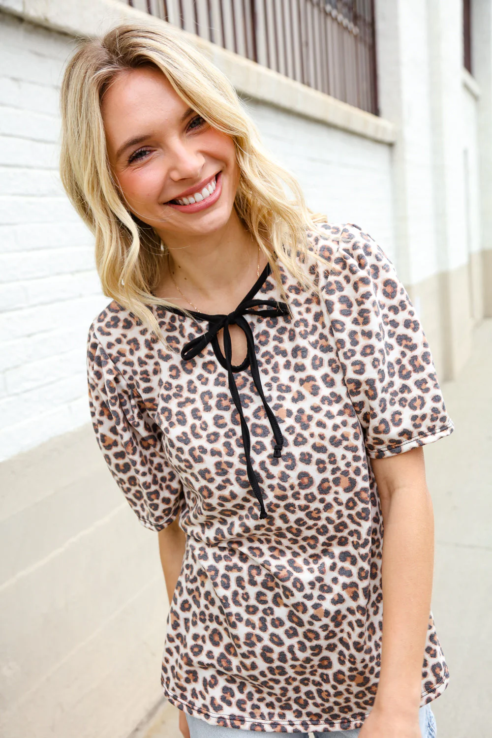 Everyday Animal Print Collar Notch Front Tie Knit Top - Image 12