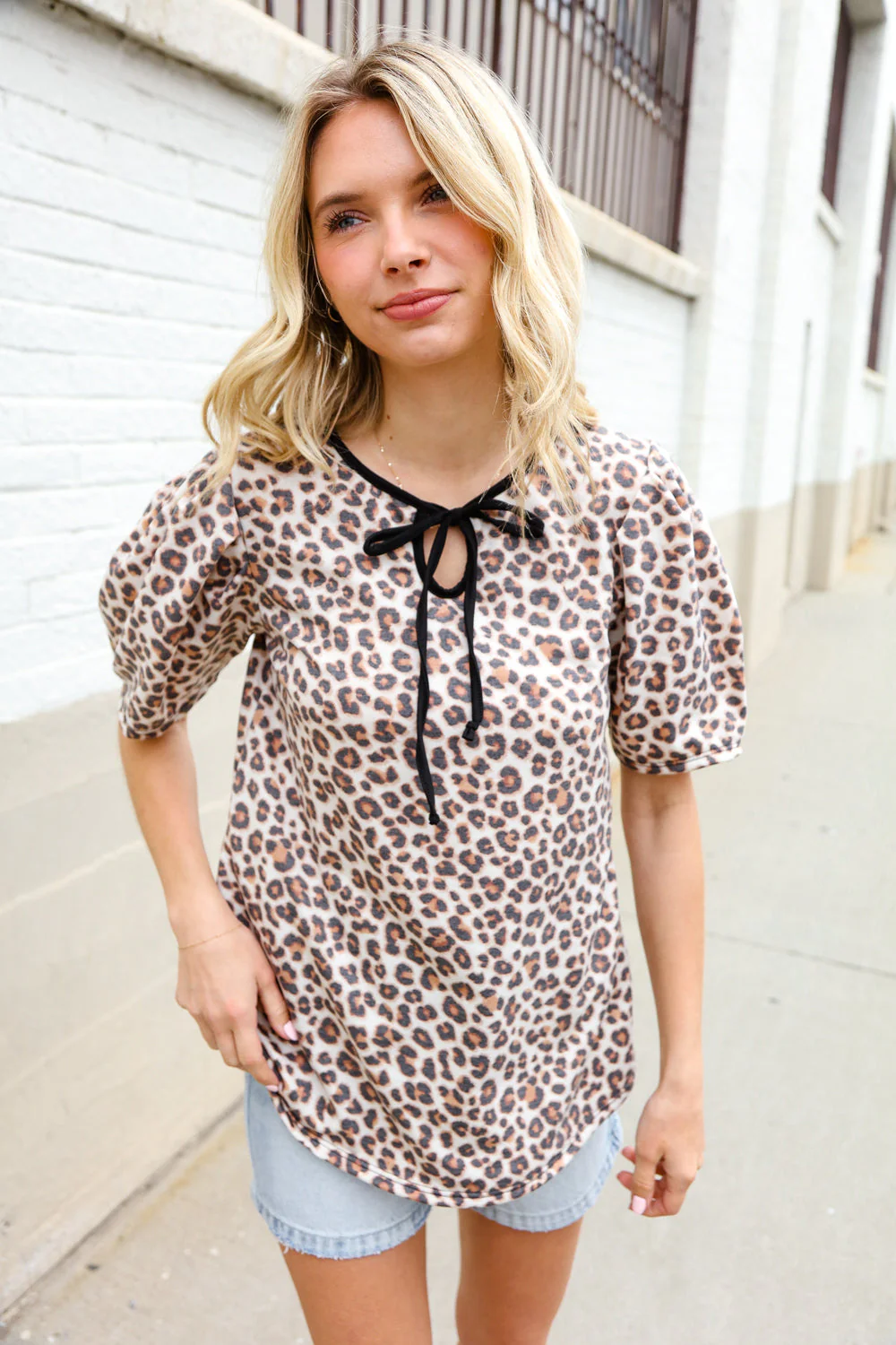 Everyday Animal Print Collar Notch Front Tie Knit Top - Image 13