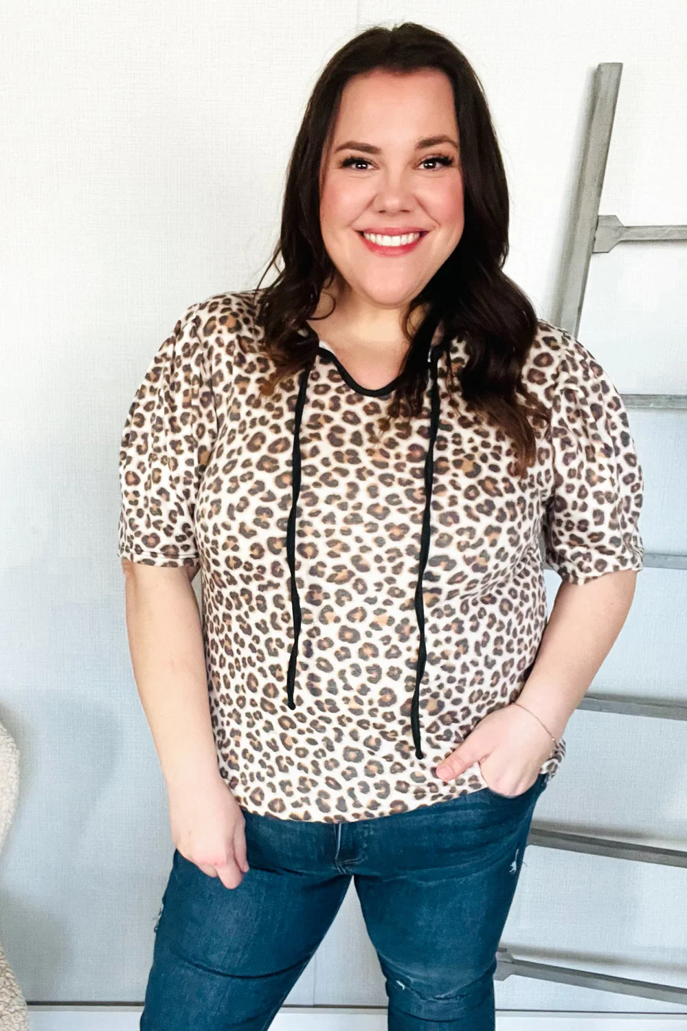 Everyday Animal Print Collar Notch Front Tie Knit Top - Image 14