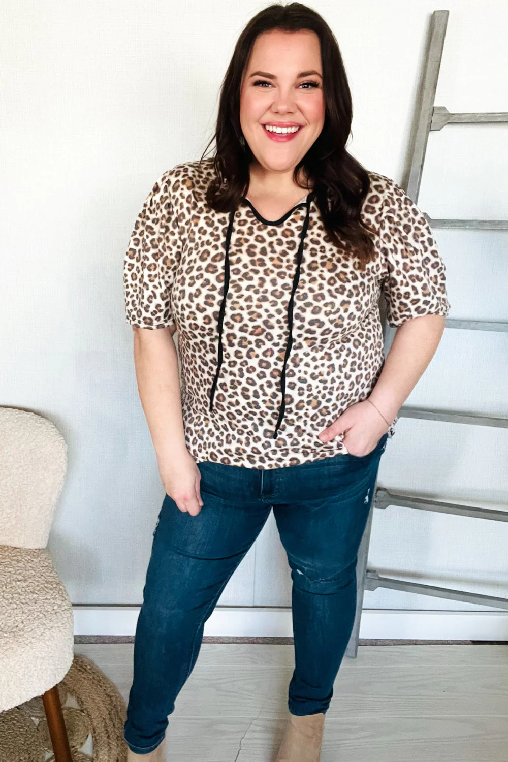 Everyday Animal Print Collar Notch Front Tie Knit Top - Image 15