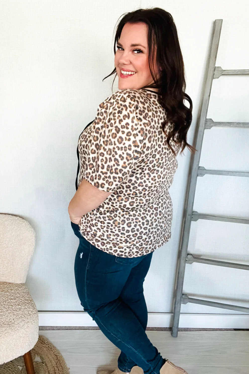 Everyday Animal Print Collar Notch Front Tie Knit Top - Image 16