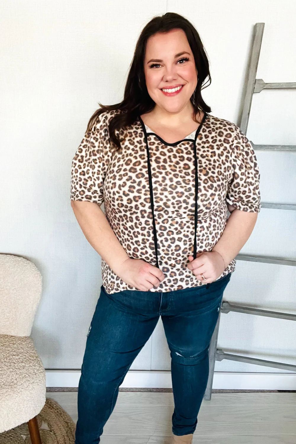 Everyday Animal Print Collar Notch Front Tie Knit Top - Image 17