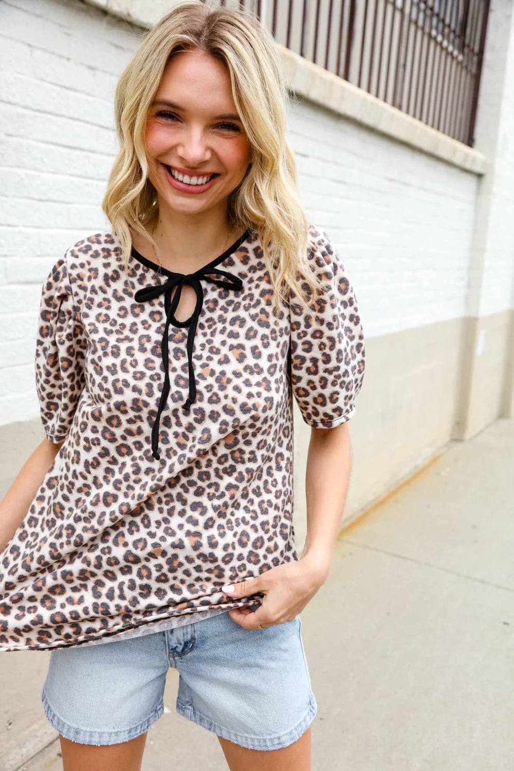 Everyday Animal Print Collar Notch Front Tie Knit Top - Image 3