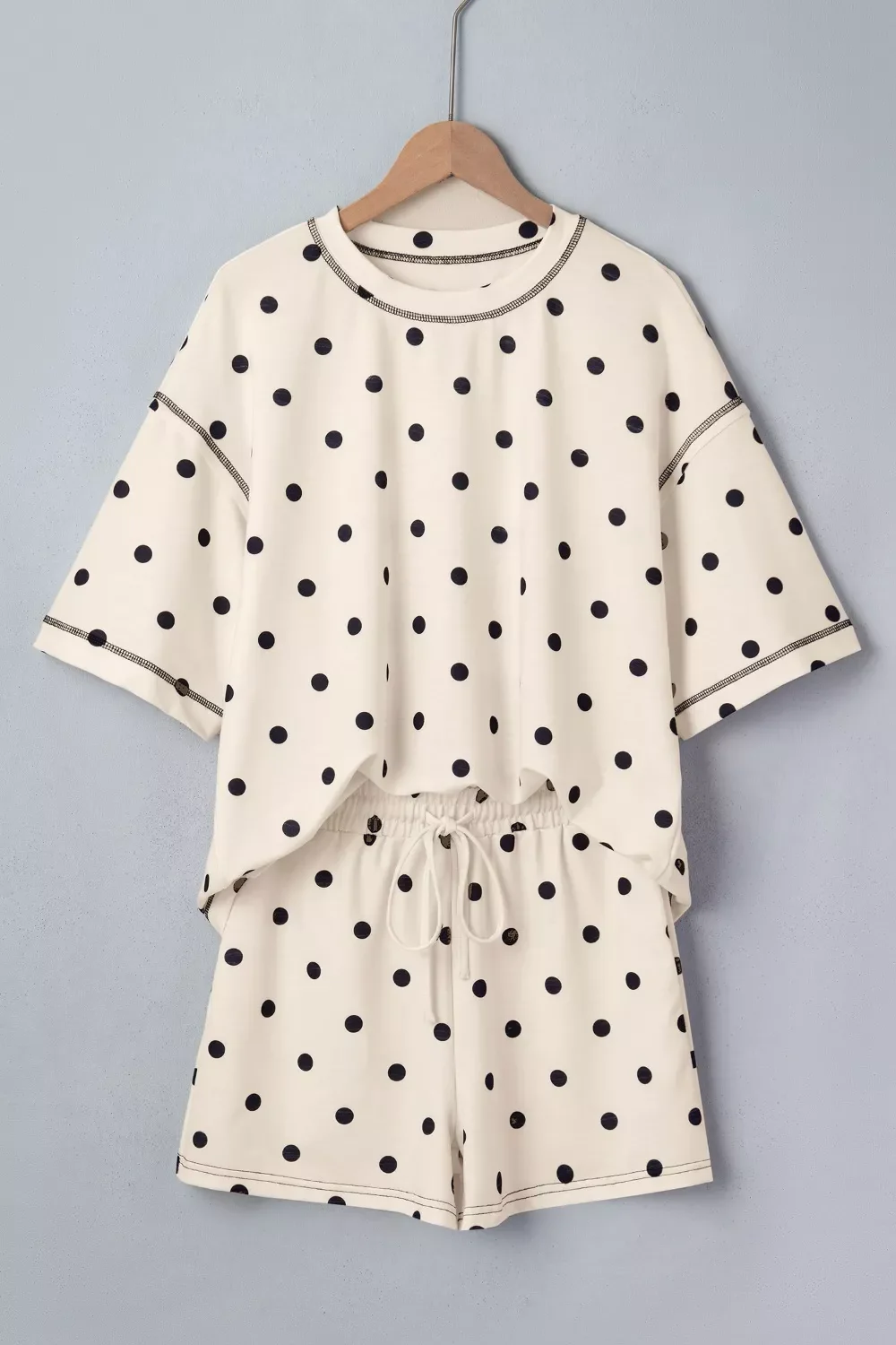 Exposed Seam Detail Polka Dot Loose Tee Drawstring Shorts Set - Image 3