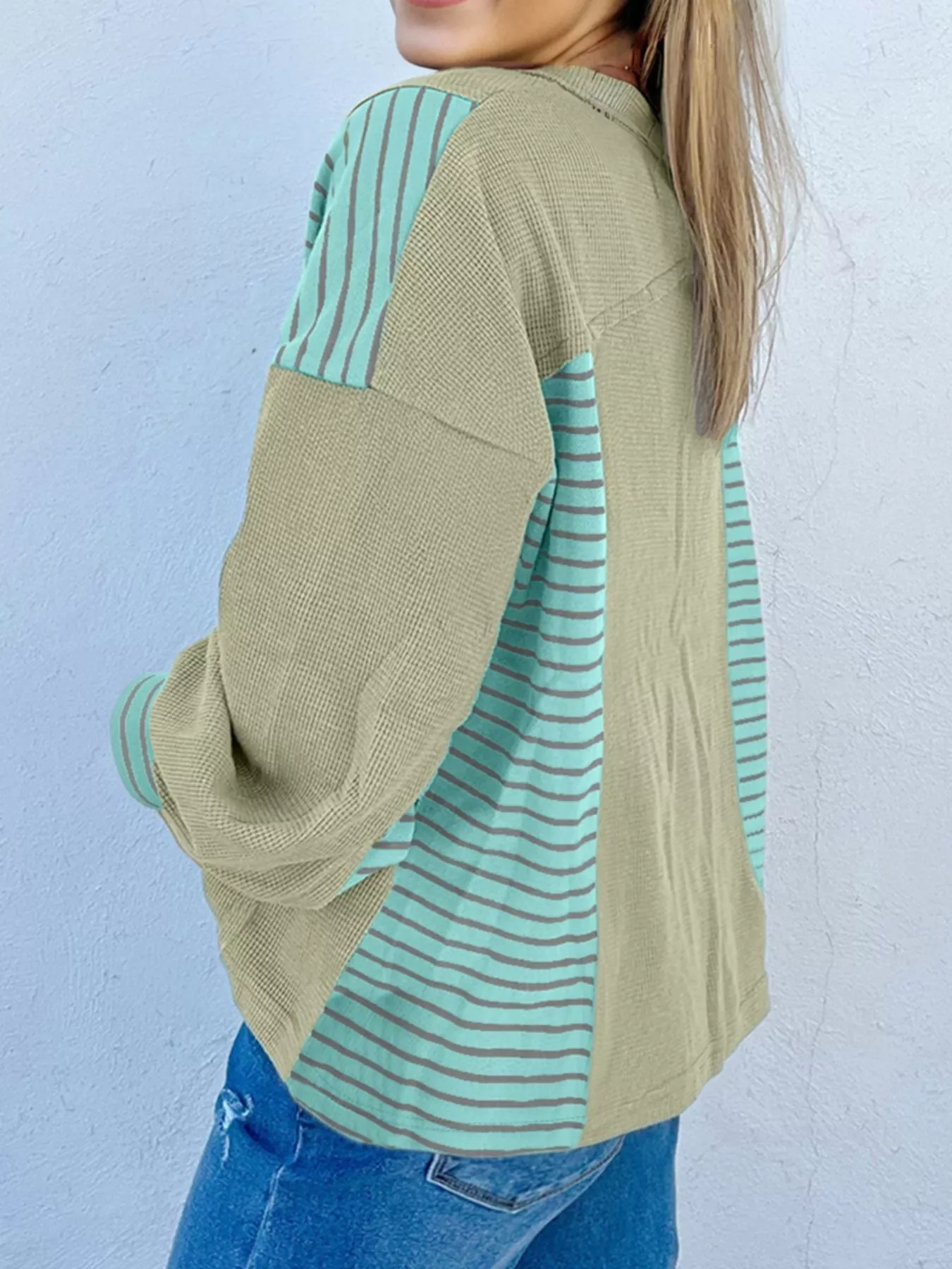 Exposed Seam Waffle Striped Patchwork Baggy Blouse - Image 2