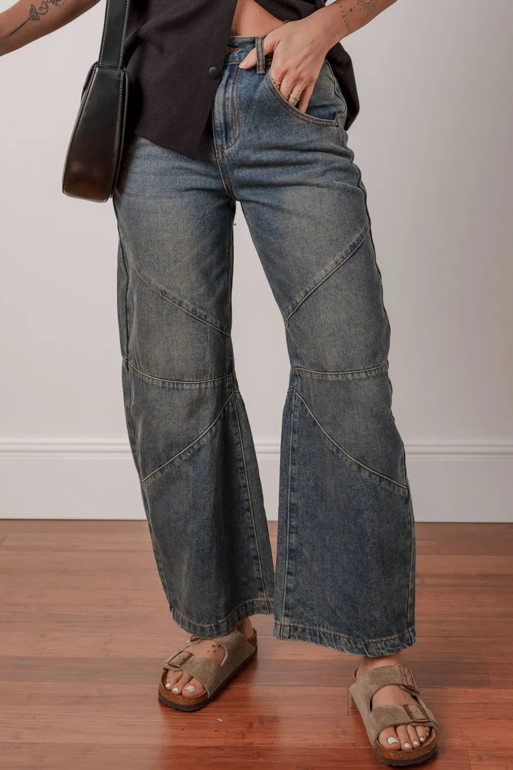 Exposed Stitching Loose Straight High Waist Jeans - Image 3
