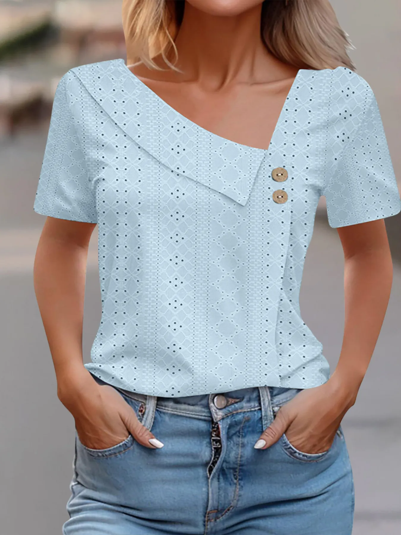 Eyelet Asymmetrical Short Sleeve T-Shirt - Image 7