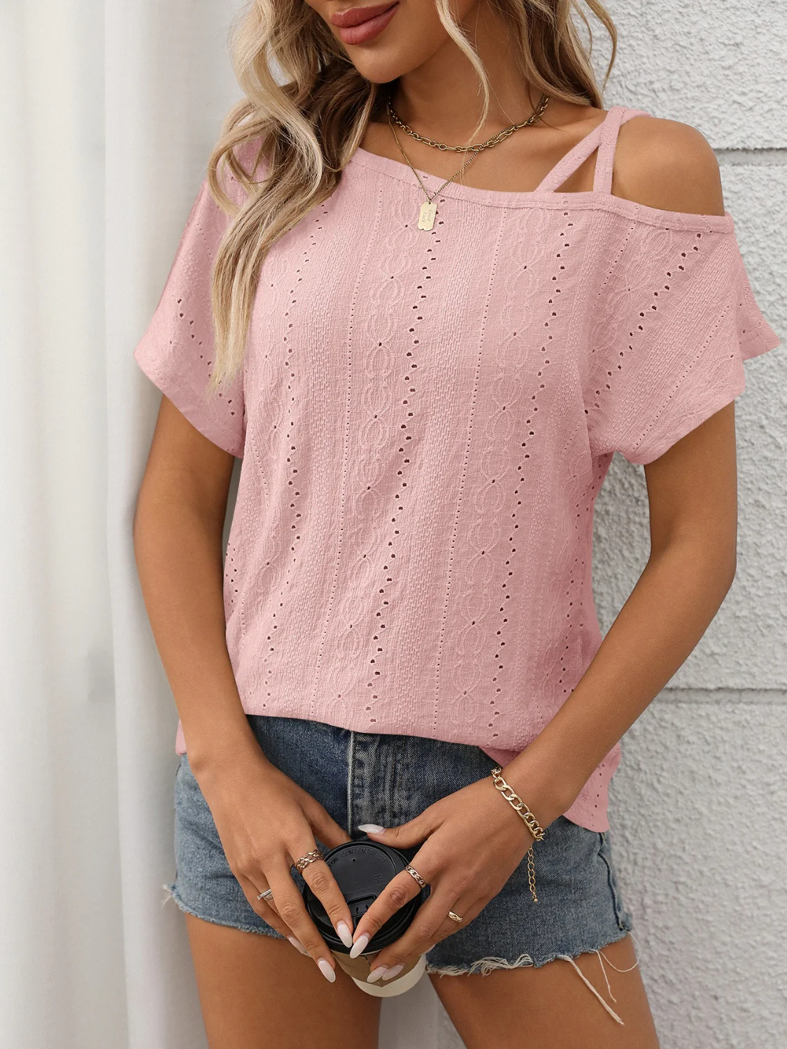 Eyelet Asymmetrical Shoulder Short Sleeve T-Shirt - Image 15