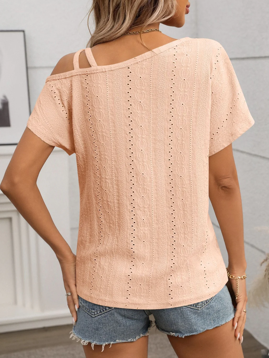 Eyelet Asymmetrical Shoulder Short Sleeve T-Shirt - Image 5