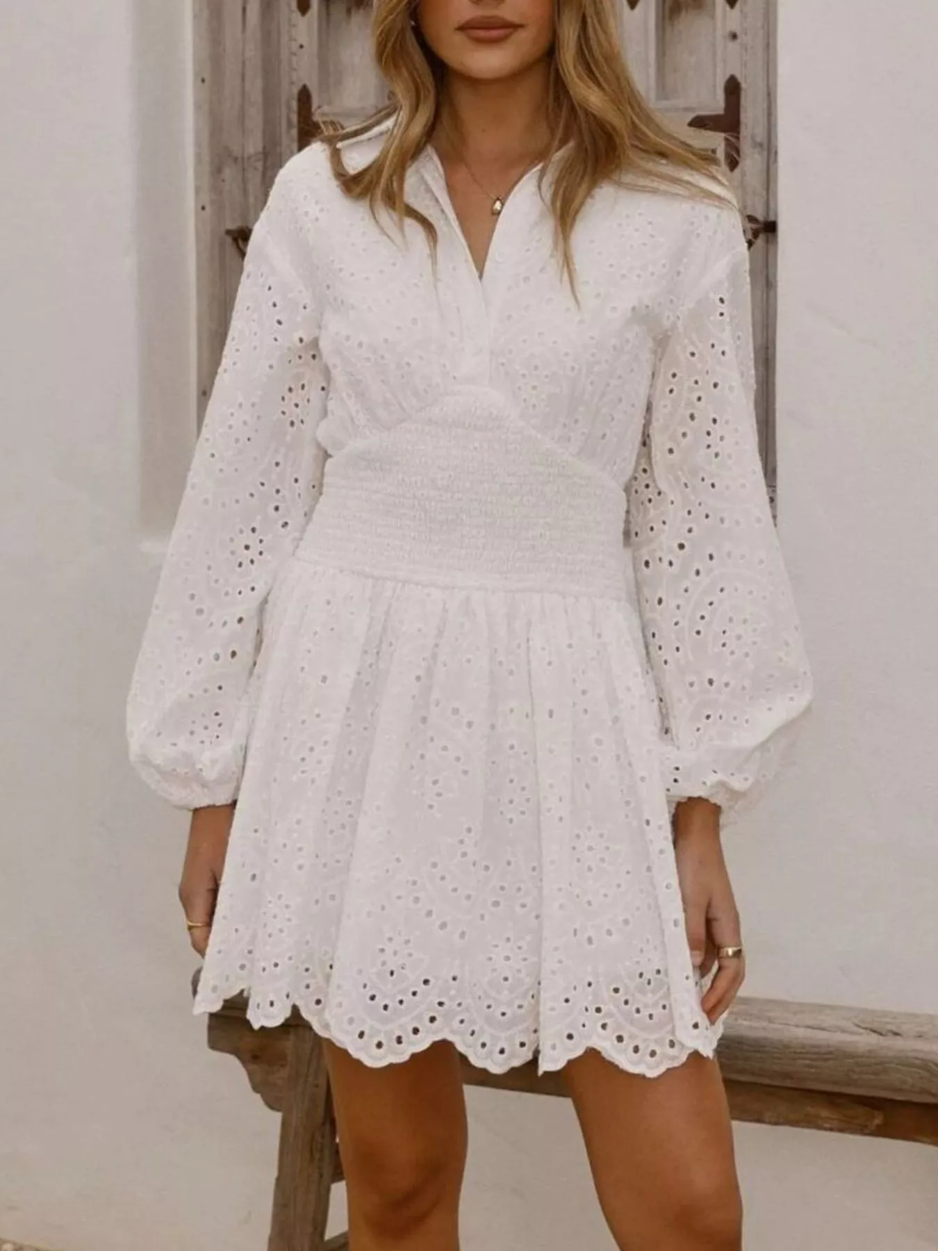 Eyelet Balloon Sleeve Mini Dress - Image 4