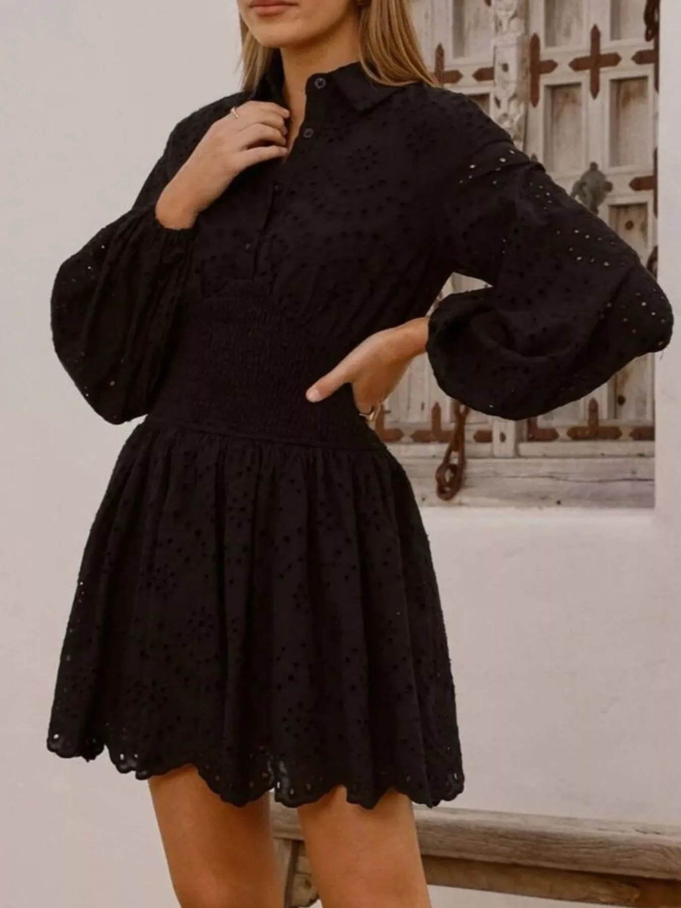 Eyelet Balloon Sleeve Mini Dress - Image 8
