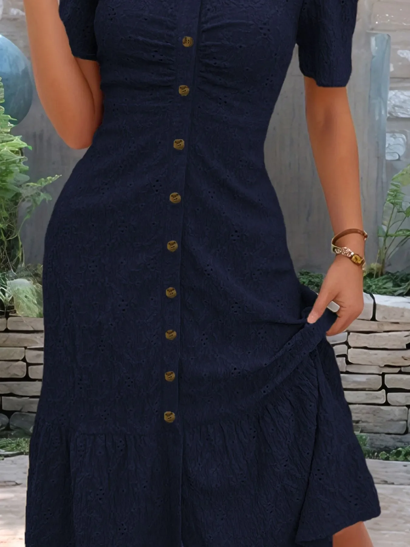 Eyelet Button Front V-Neck Midi Dress - Image 12