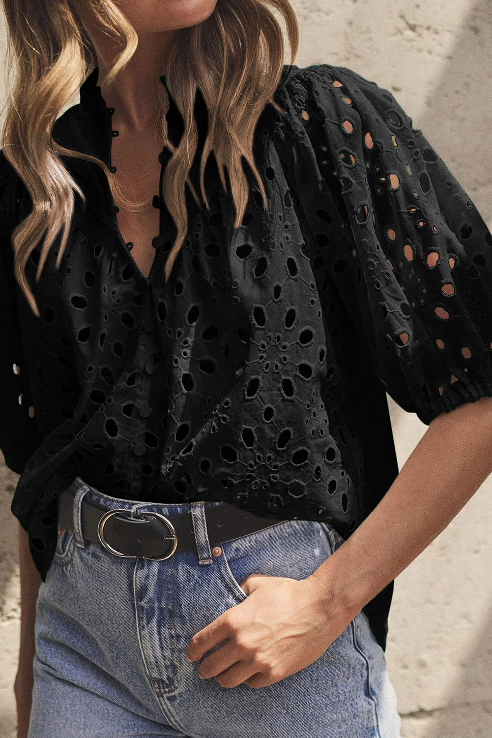 Eyelet Button Up Half Sleeve Blouse - Image 2