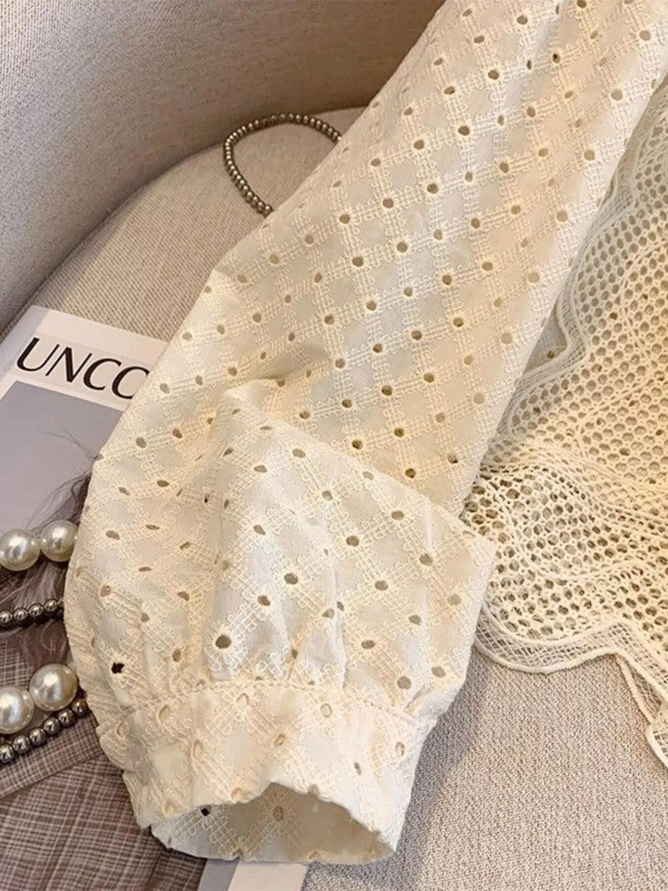 Eyelet Button-Up Shirt with Scalloped Hem - Image 10