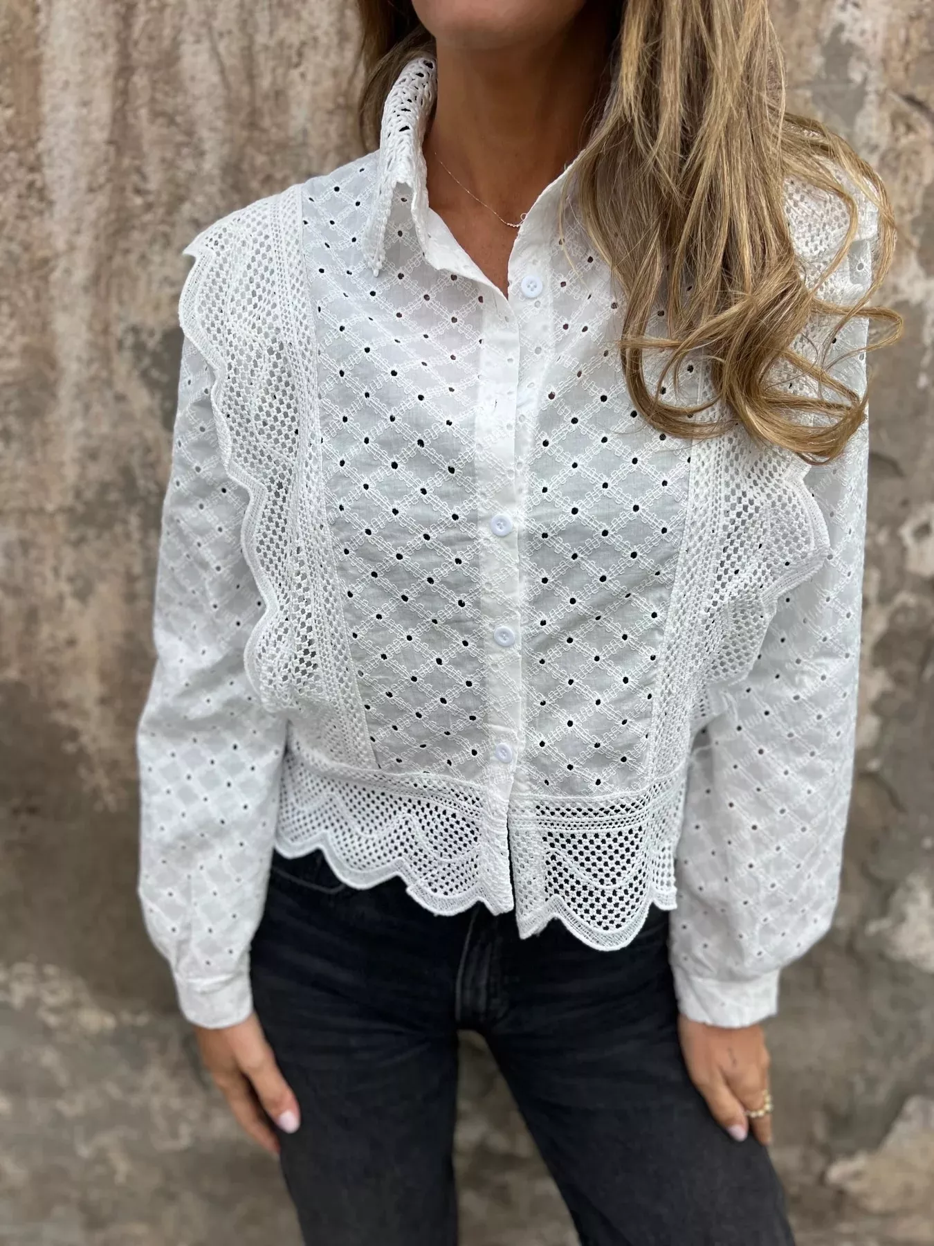 Eyelet Button-Up Shirt with Scalloped Hem - Image 2