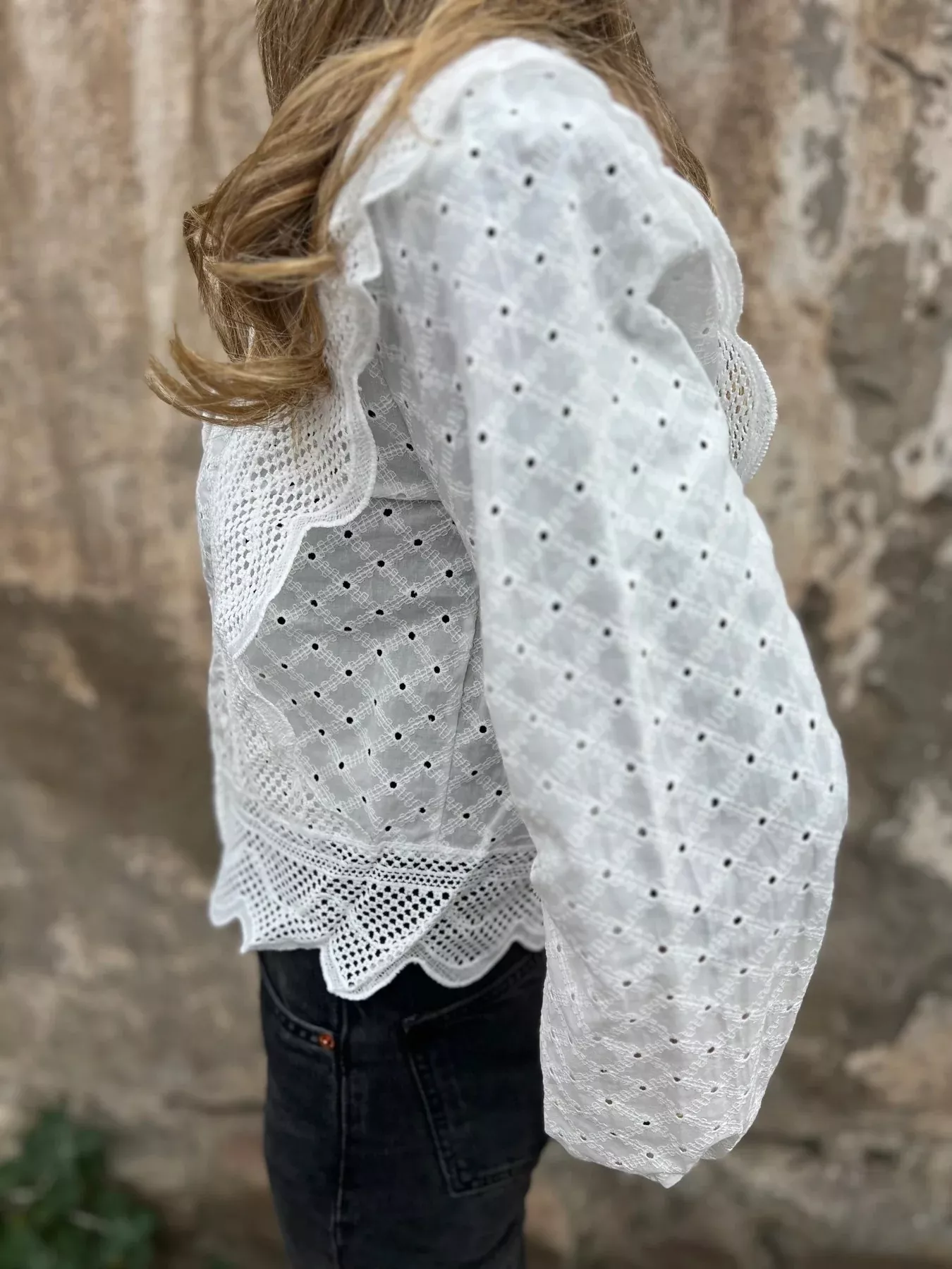 Eyelet Button-Up Shirt with Scalloped Hem - Image 3