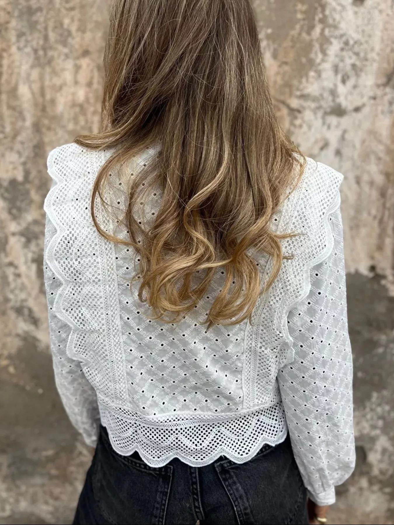 Eyelet Button-Up Shirt with Scalloped Hem - Image 4