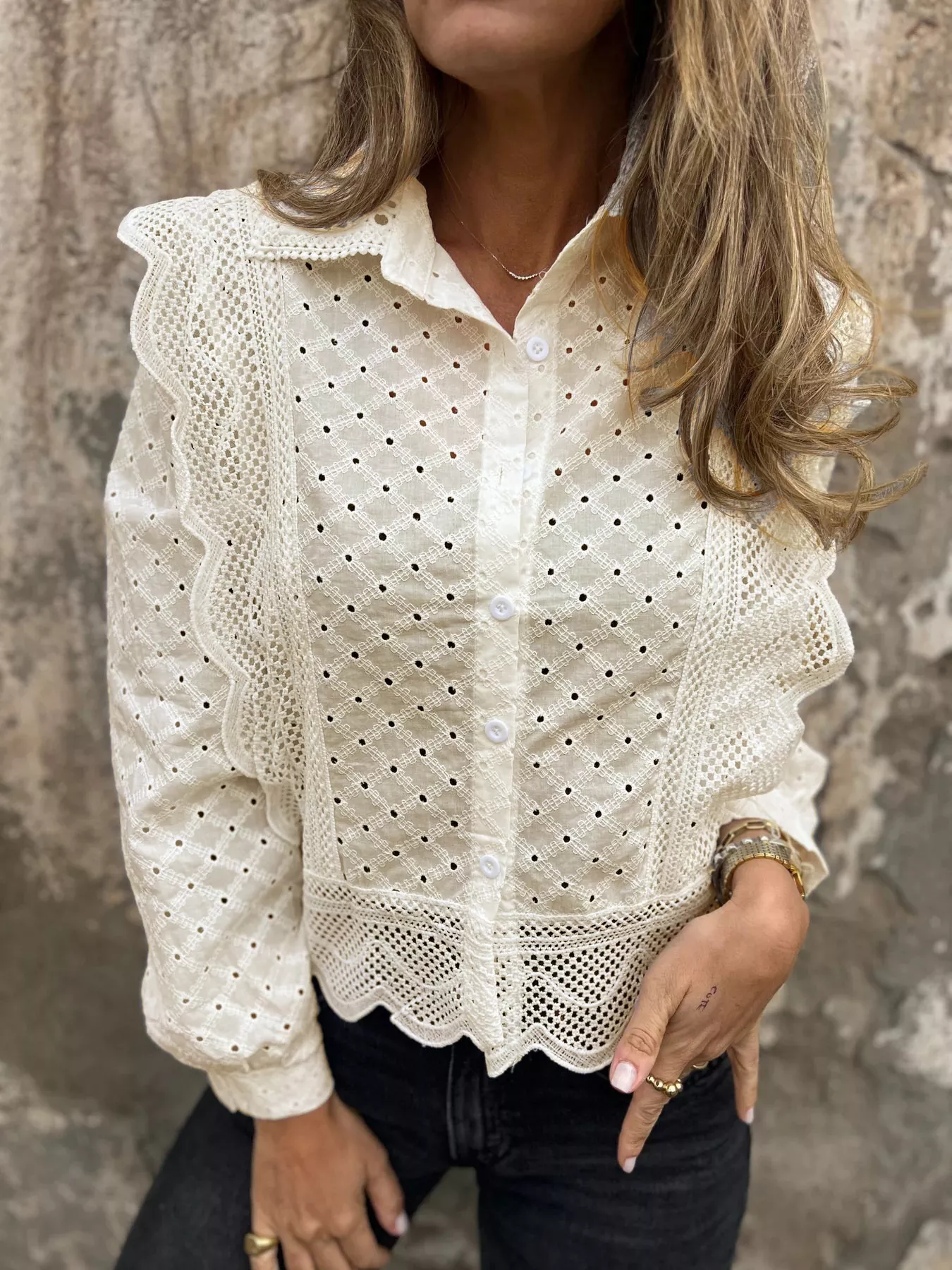 Eyelet Button-Up Shirt with Scalloped Hem - Image 5