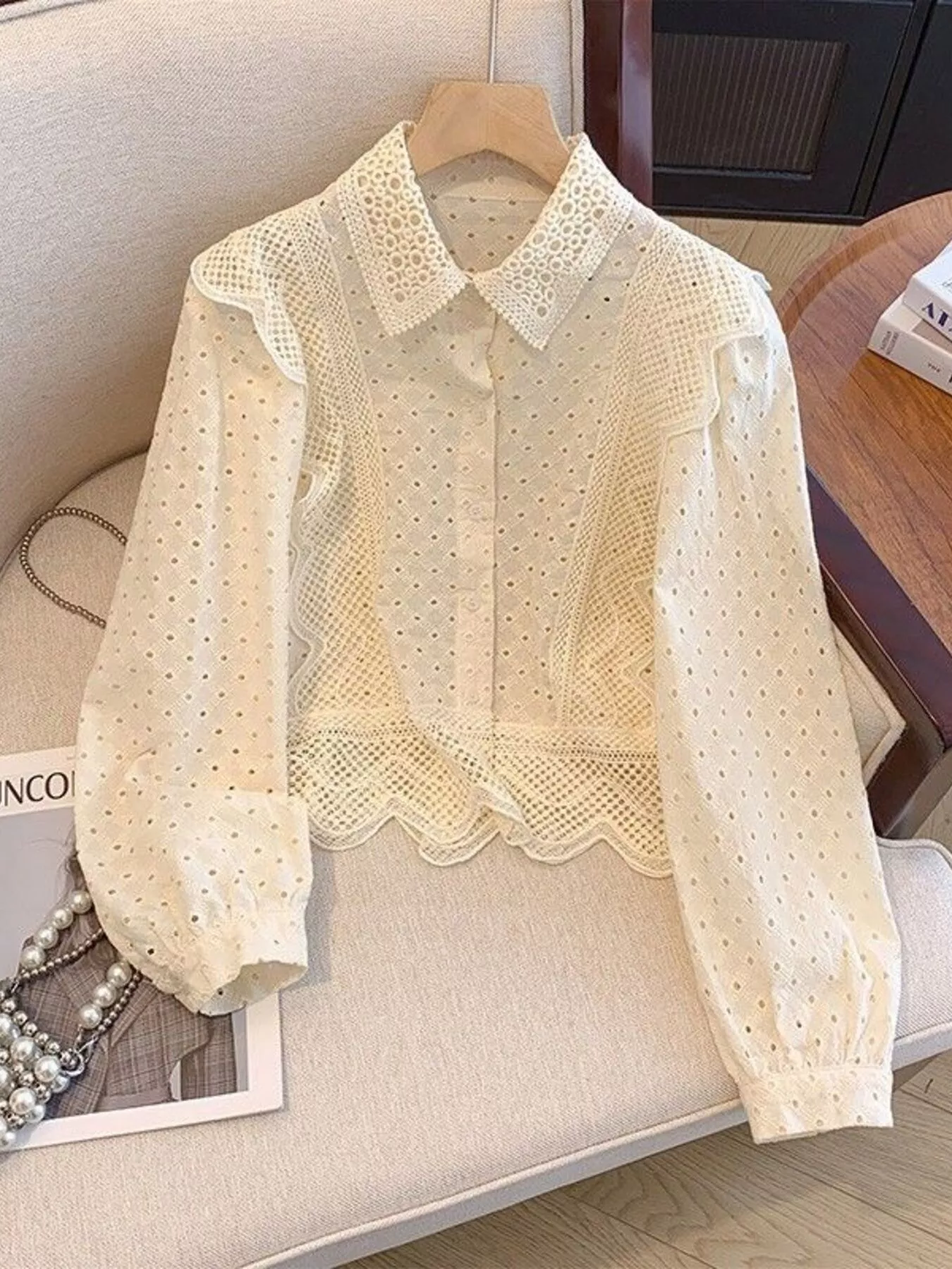 Eyelet Button-Up Shirt with Scalloped Hem - Image 6