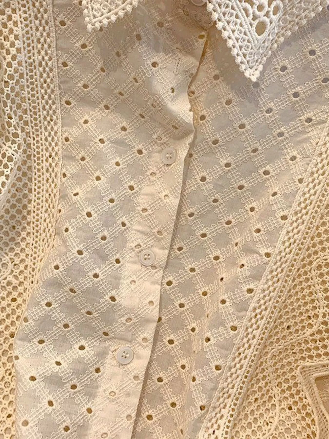 Eyelet Button-Up Shirt with Scalloped Hem - Image 8