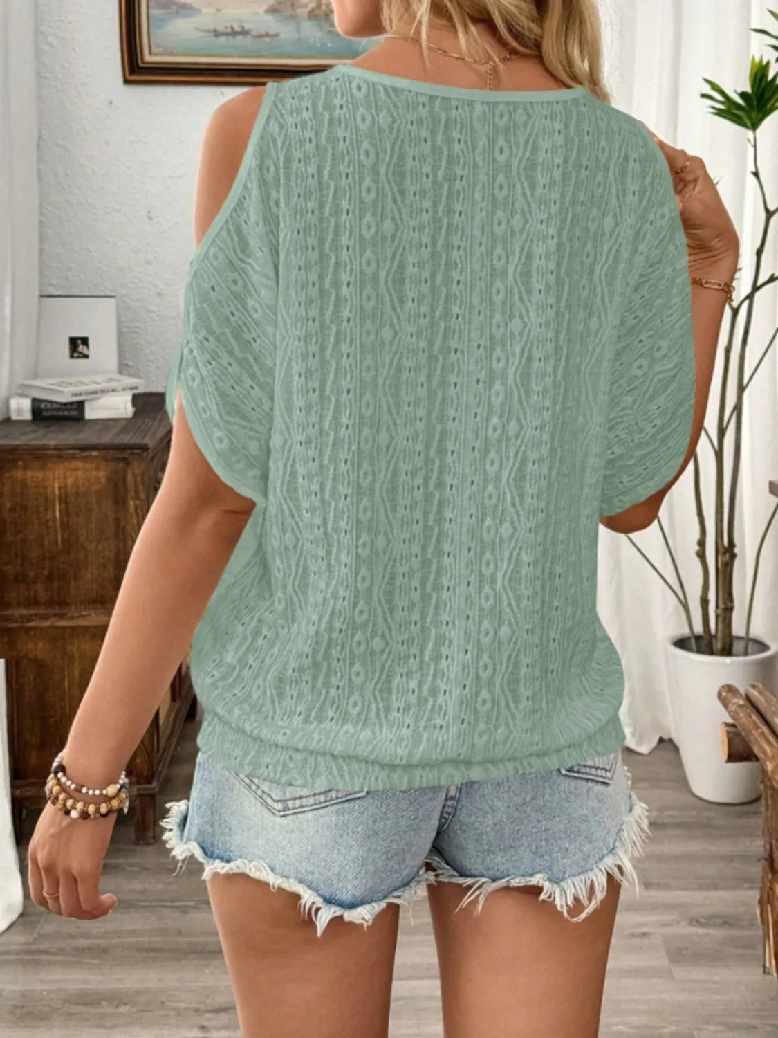 Eyelet Cold Shoulder Round Neck Blouse - Image 14