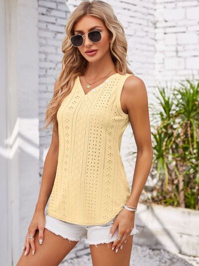 Eyelet Decorative Button V-Neck Tank - Image 18