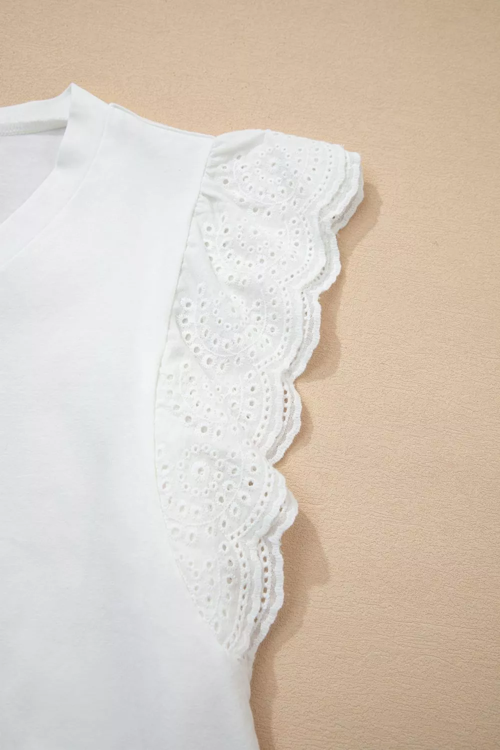 Eyelet Embroidered Flutter Sleeve Patchwork V Neck Tee - Image 8