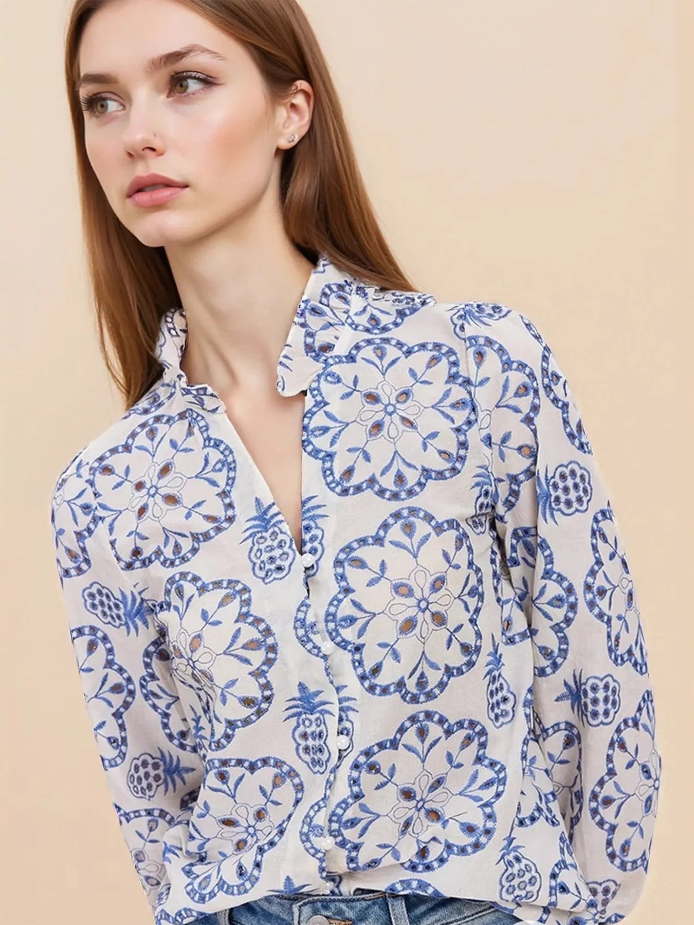Eyelet Embroidered Long Sleeve Shirt - Image 4