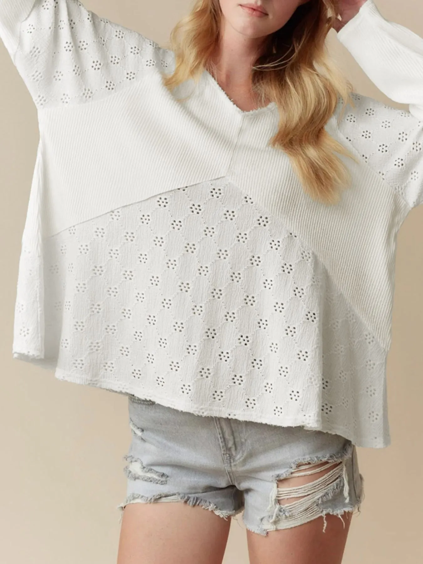 Eyelet Embroidered Loose V Neck Long Sleeve Top - Image 4