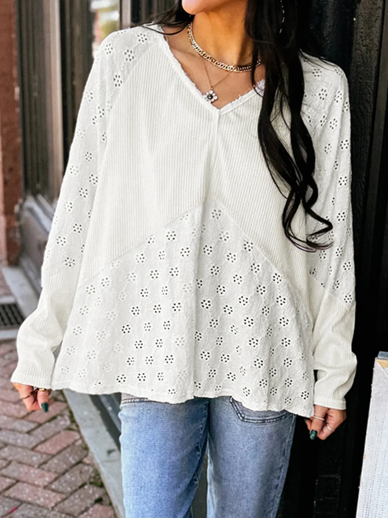 Eyelet Embroidered Loose V Neck Long Sleeve Top - Image 5