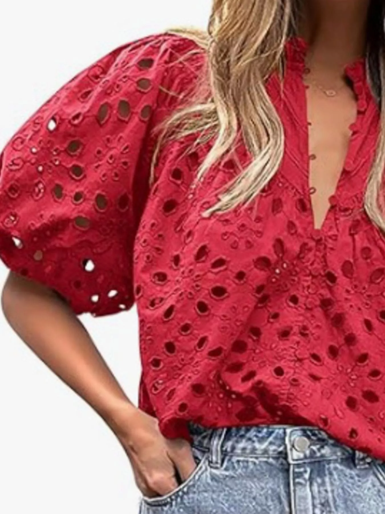 Eyelet Embroidered Puff Sleeve Blouse - Image 20