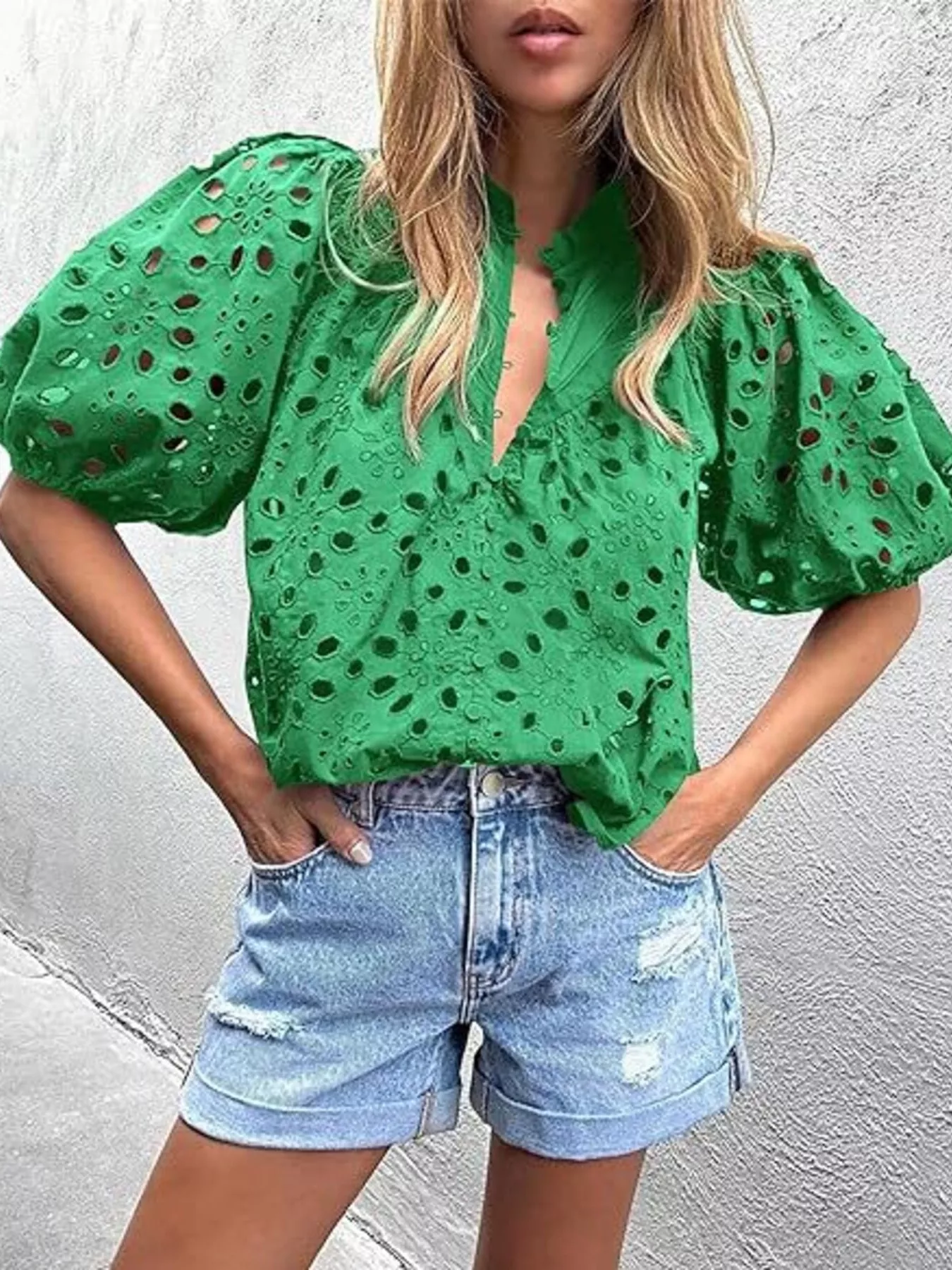 Eyelet Embroidered Puff Sleeve Blouse - Image 7