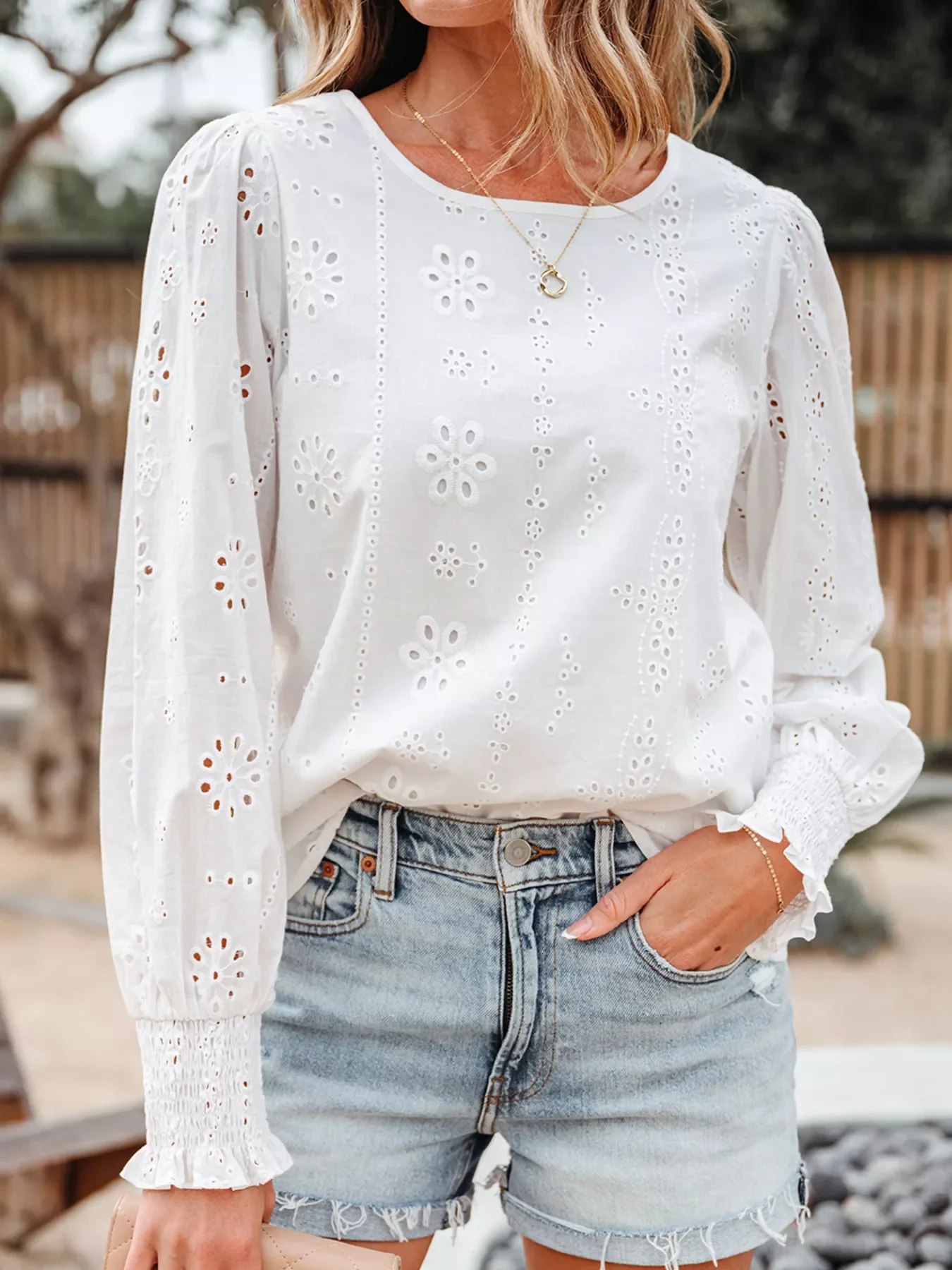 Eyelet Embroidered Smocked Cuff Sheer Blouse - Image 2