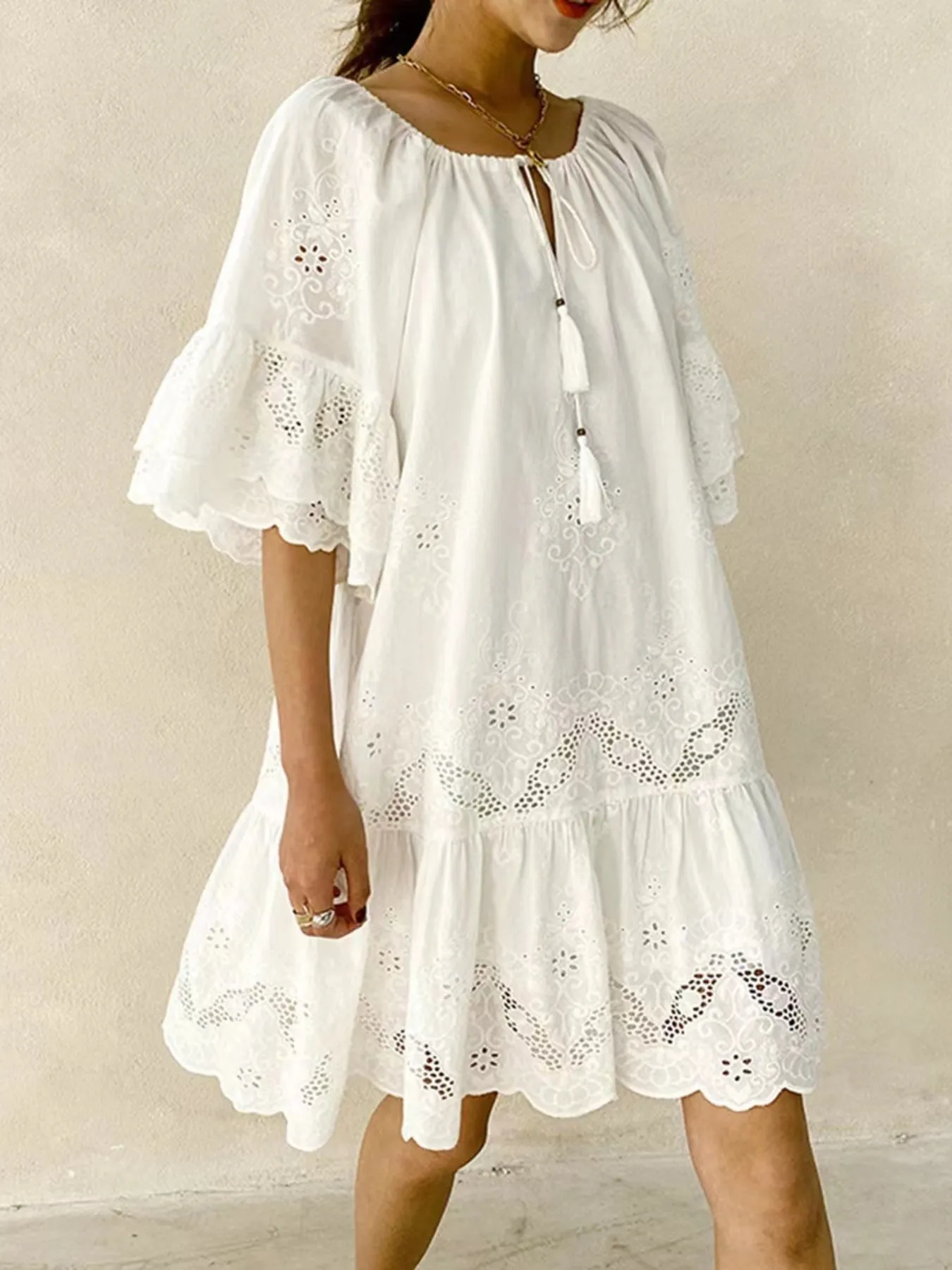 Eyelet Embroidered Tassel Tie Neck Dress - Image 2