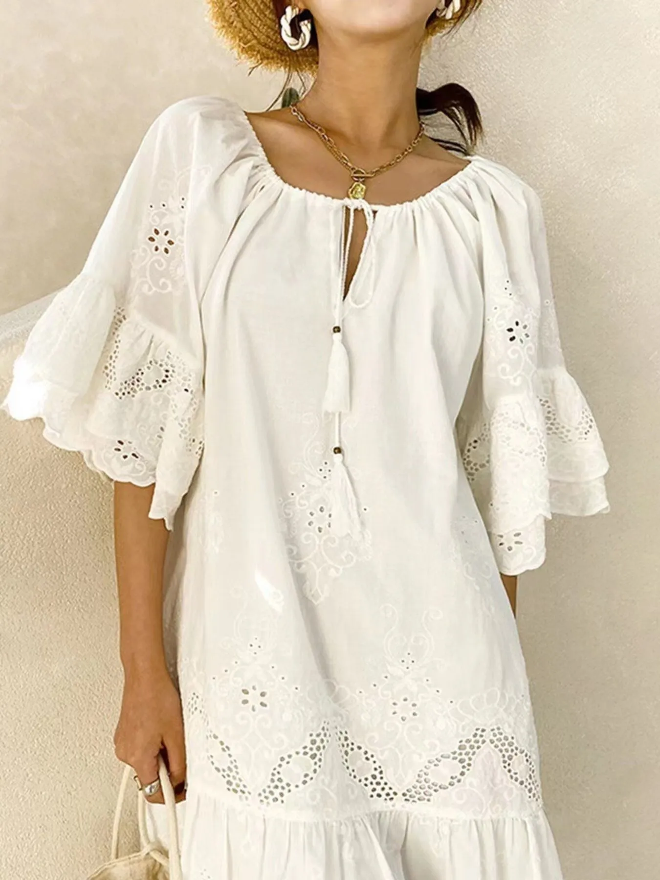 Eyelet Embroidered Tassel Tie Neck Dress - Image 4