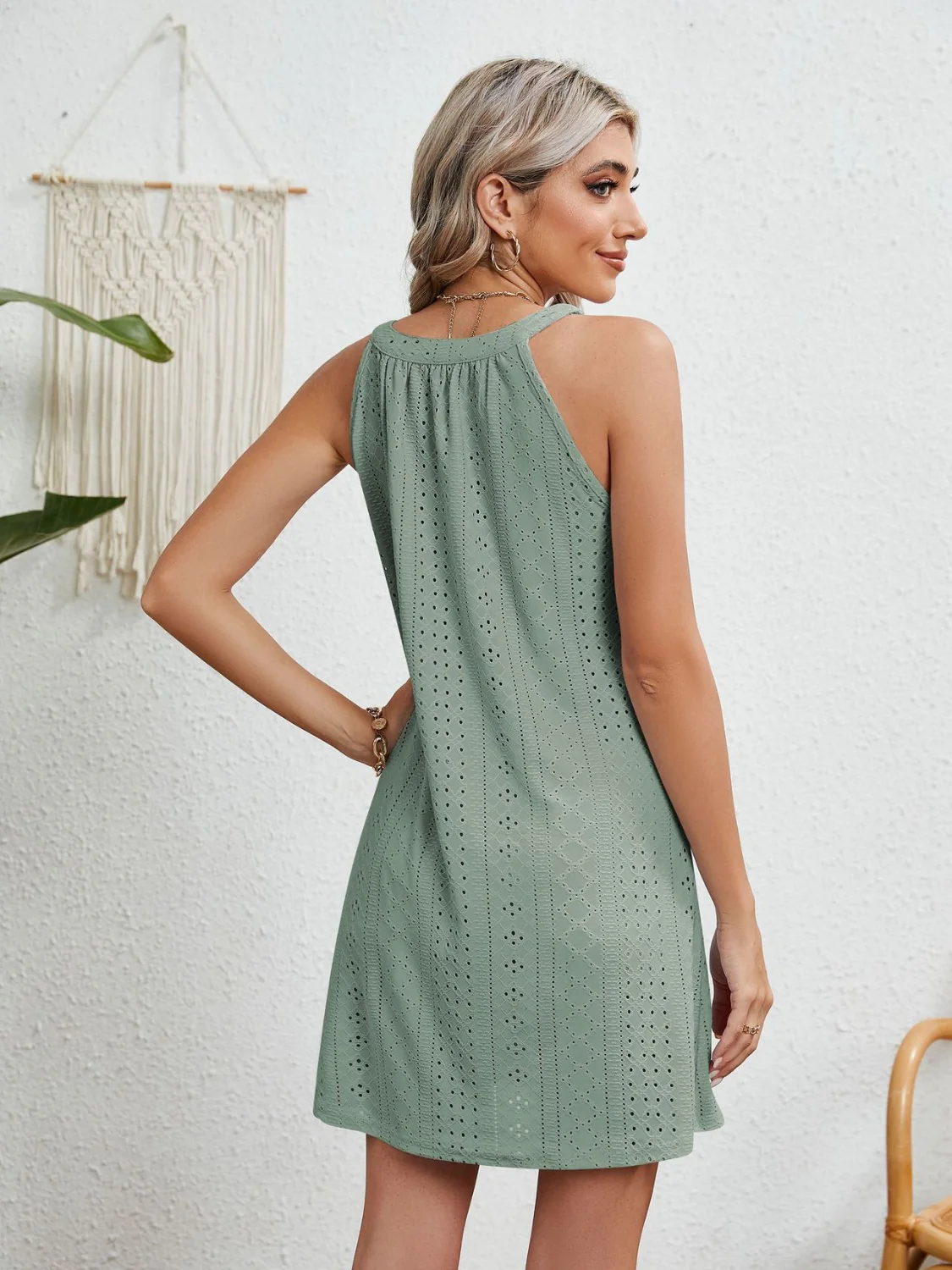 Eyelet Grecian Neck Mini Dress - Image 2