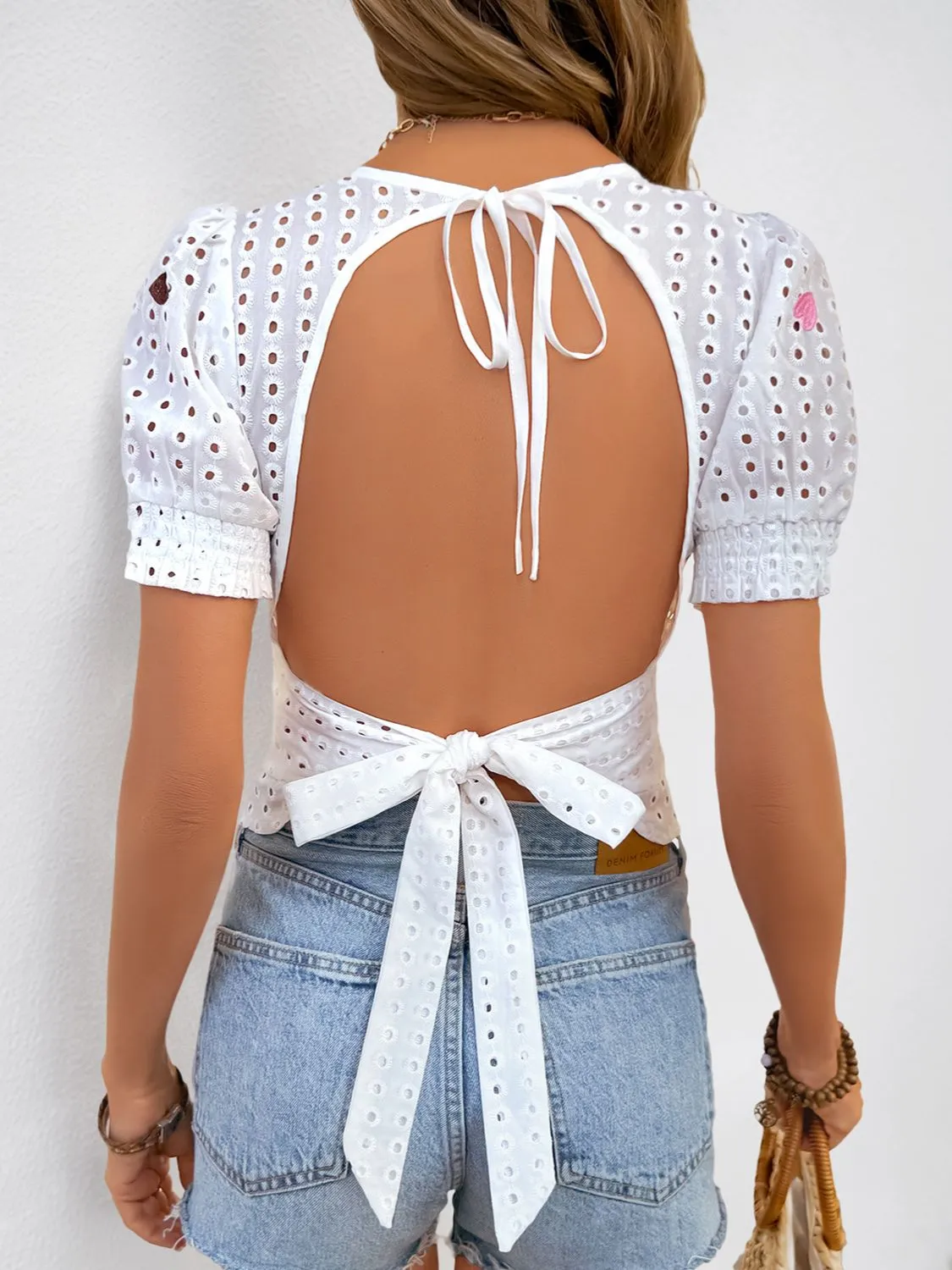 Eyelet Heart Square Neck Short Sleeve Blouse - Image 5
