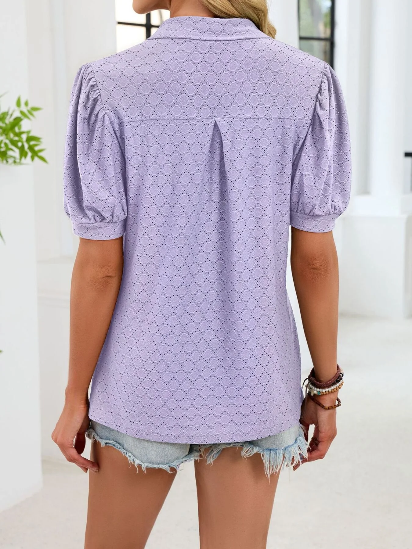 Eyelet Johnny Collar Puff Sleeve Top - Image 19