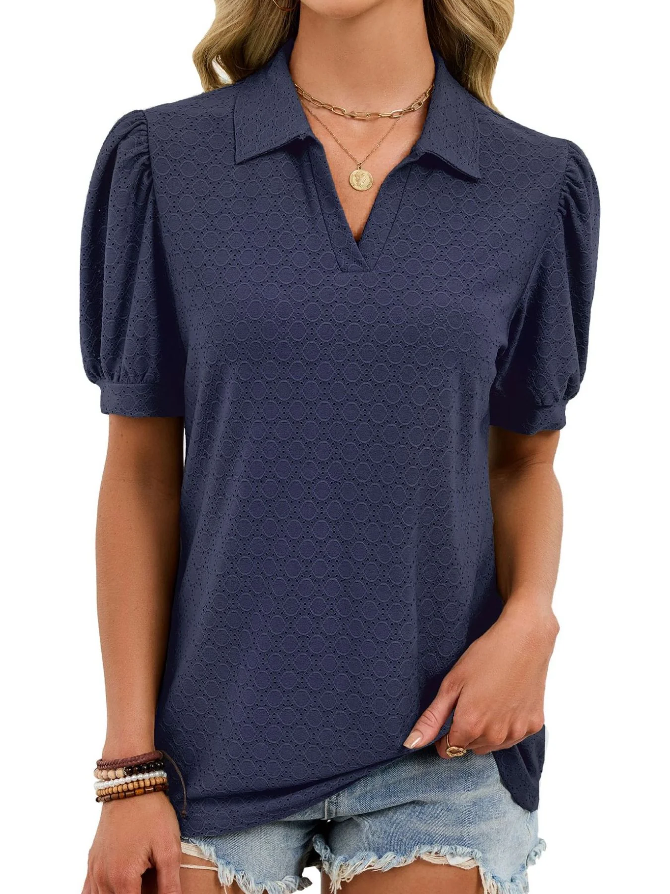 Eyelet Johnny Collar Puff Sleeve Top - Image 26