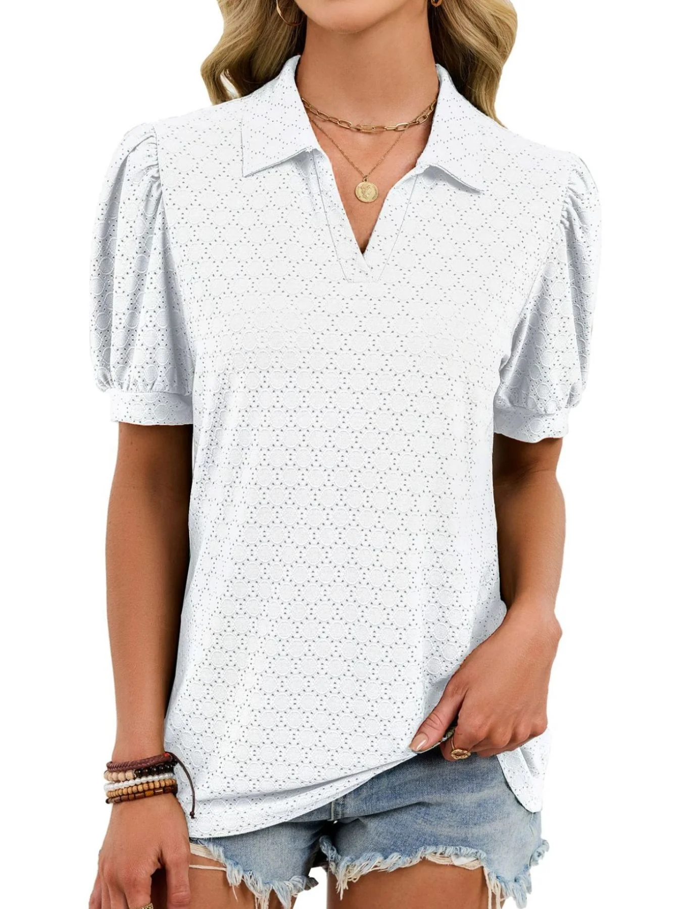 Eyelet Johnny Collar Puff Sleeve Top - Image 29