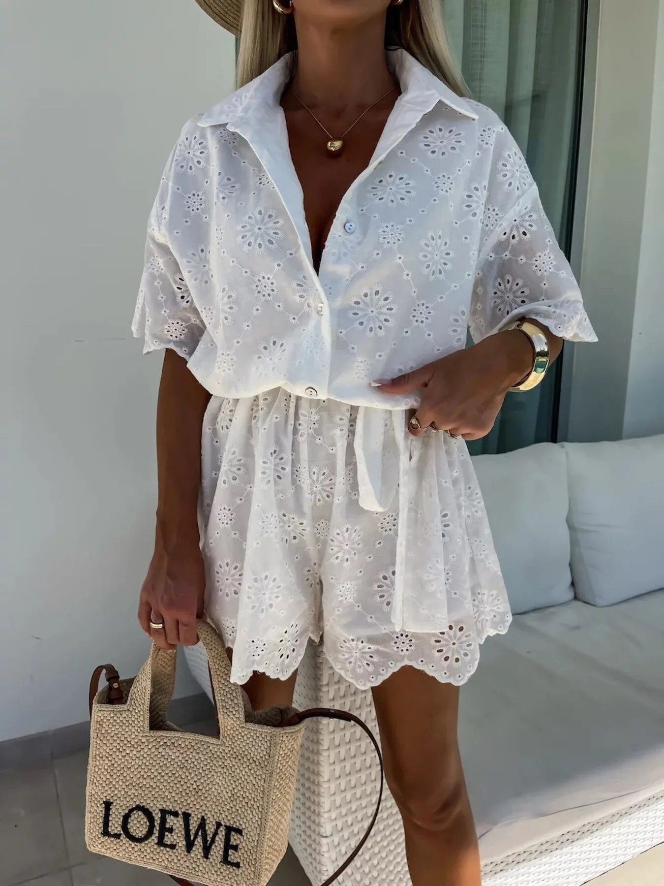 Eyelet Lace Button-Up Romper - Image 2