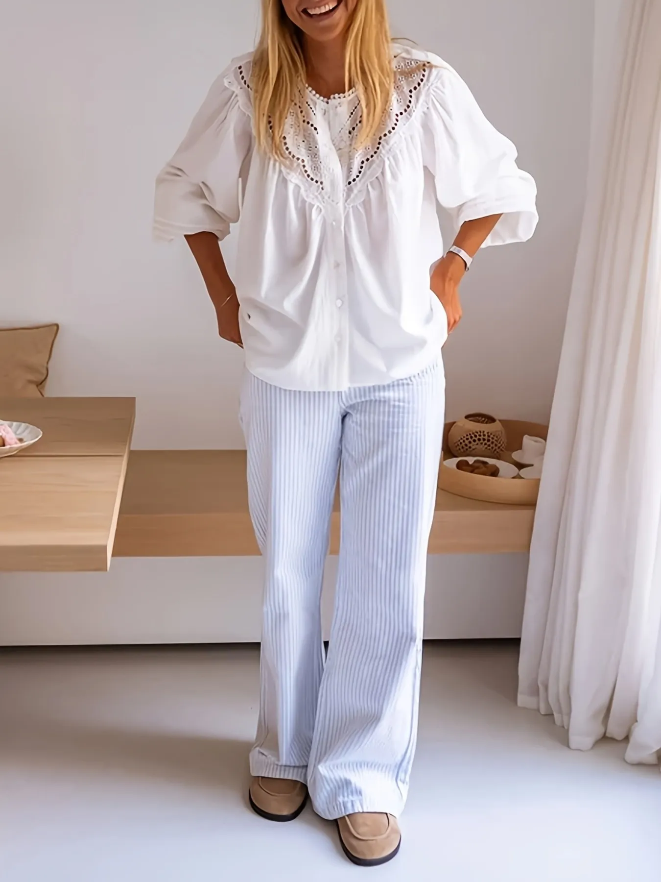 Eyelet Lace Detail Long Sleeve Blouse - Image 2