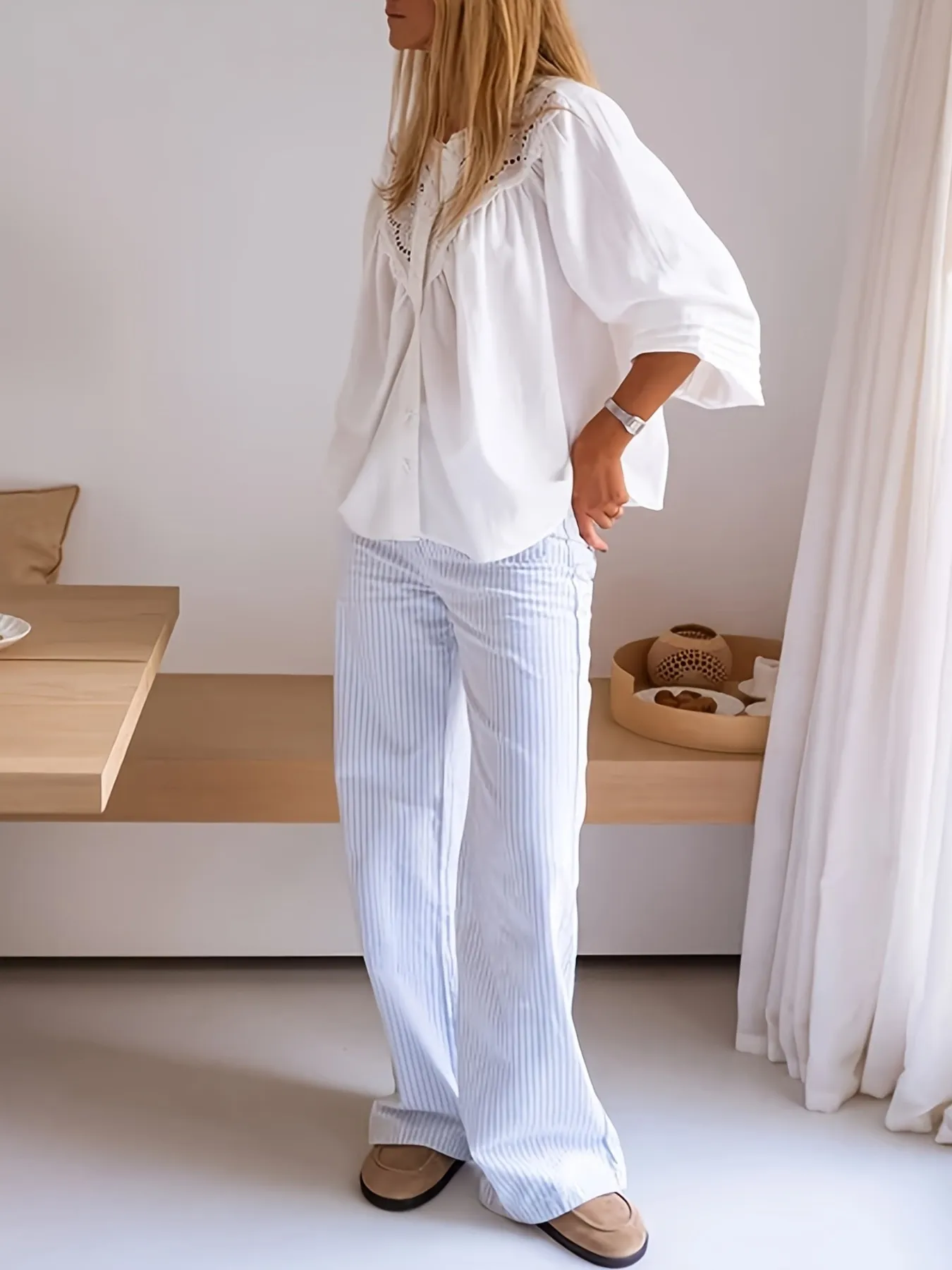 Eyelet Lace Detail Long Sleeve Blouse - Image 4