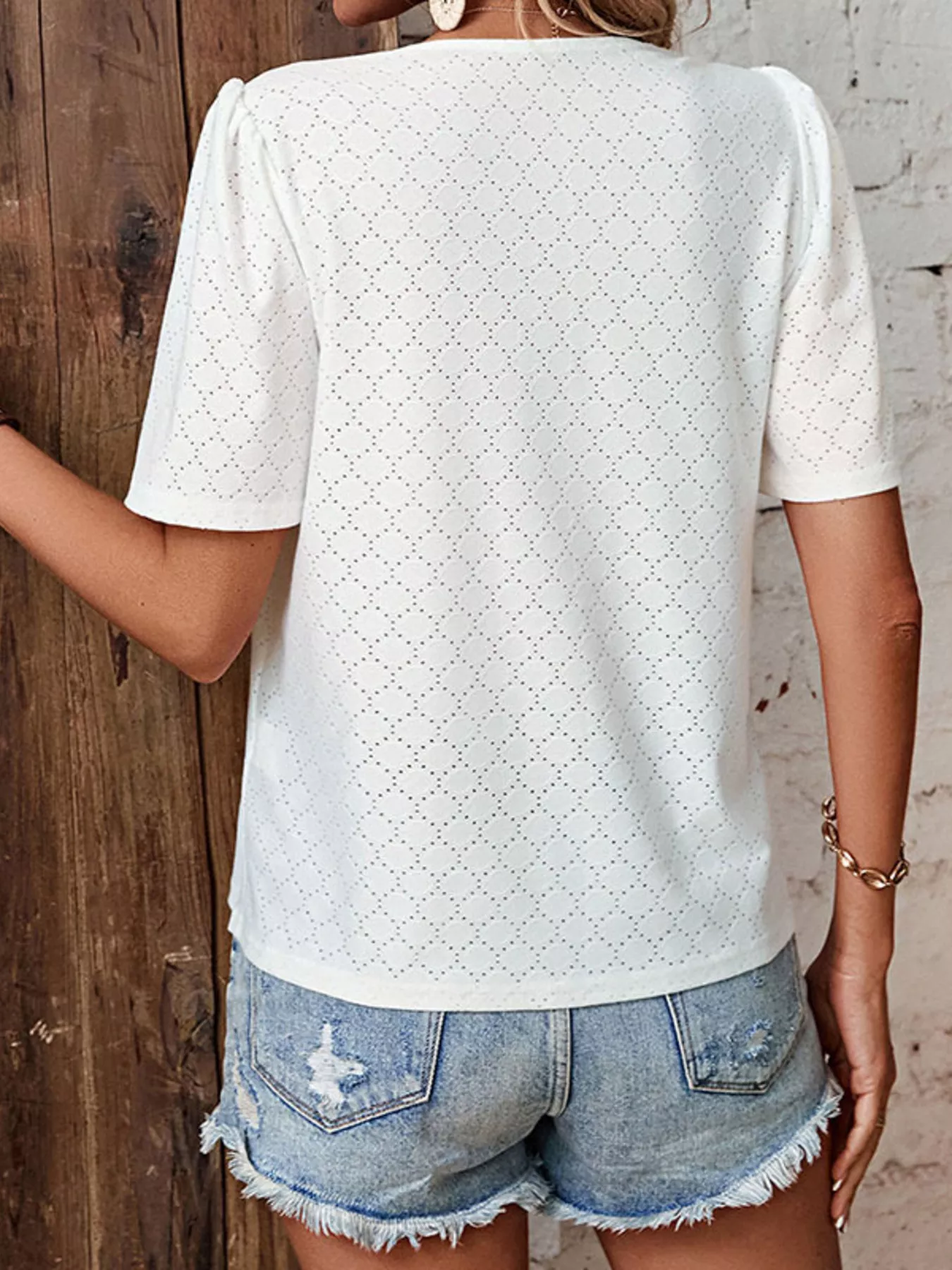 Eyelet Lace Detail Short Sleeve Blouse - Image 3