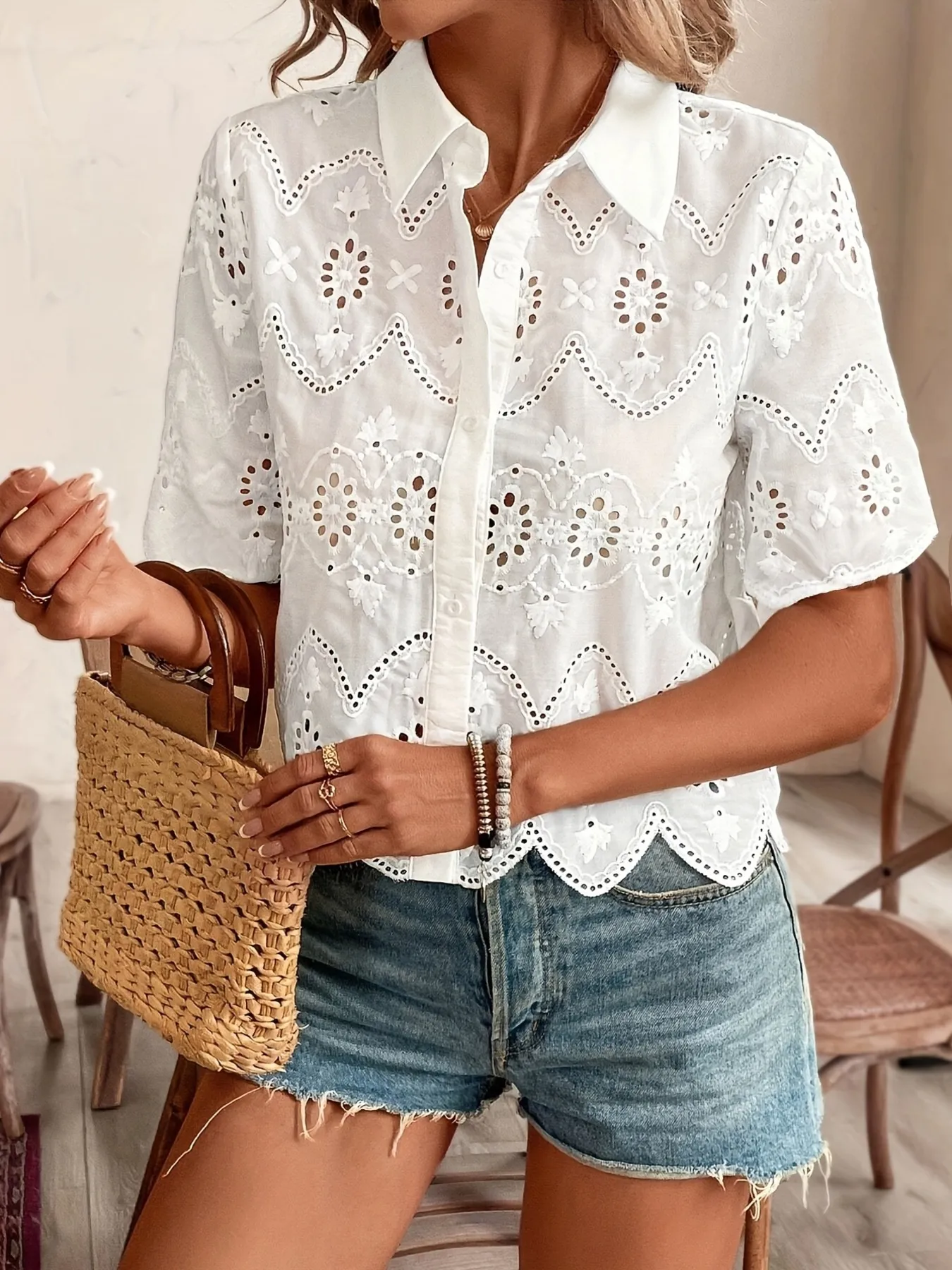 Eyelet Lace Short Sleeve Button-Up Shirt - Image 3