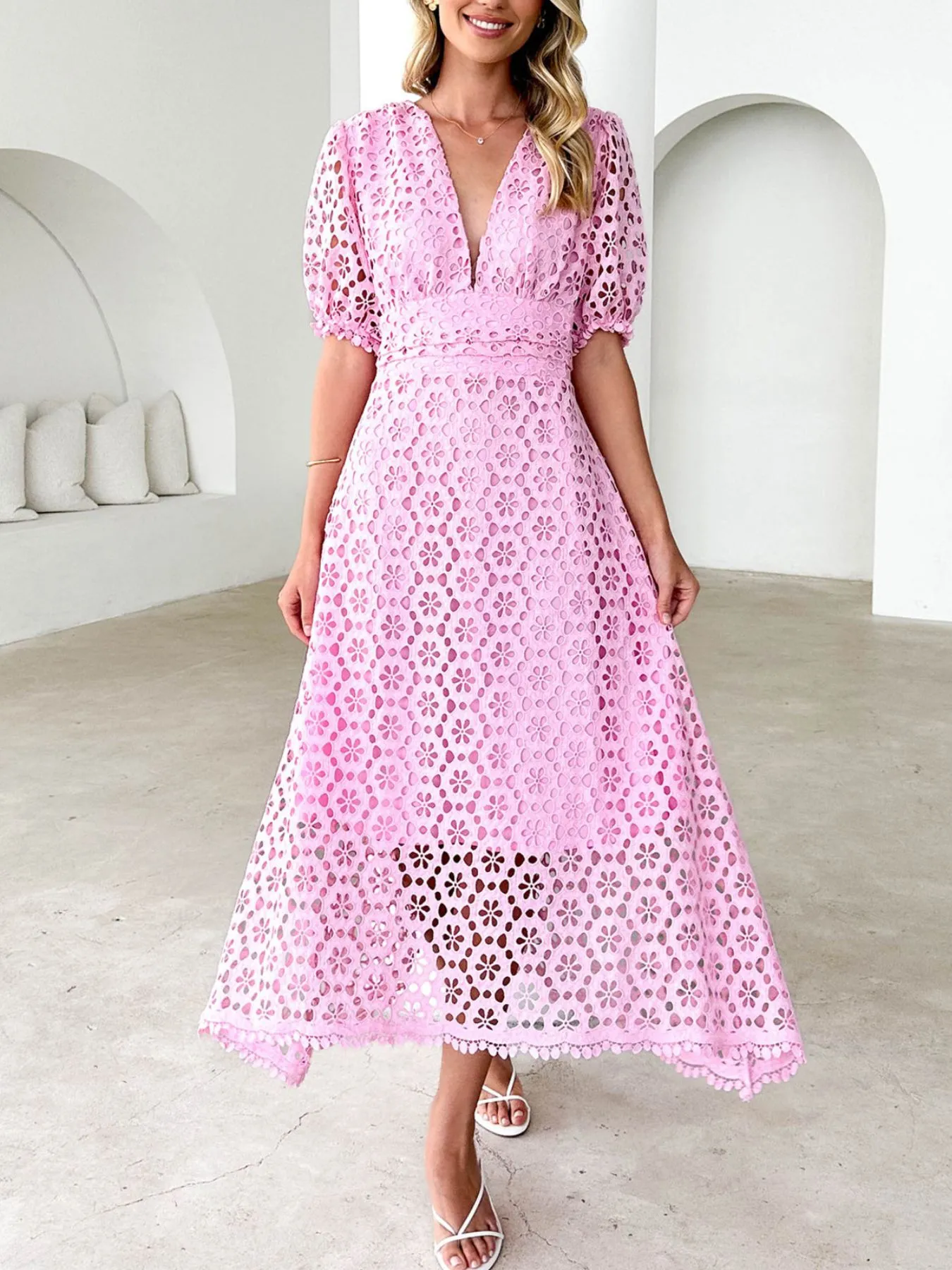 Eyelet Lace V-Neck Midi Dress with Puff Sleeves - Image 11