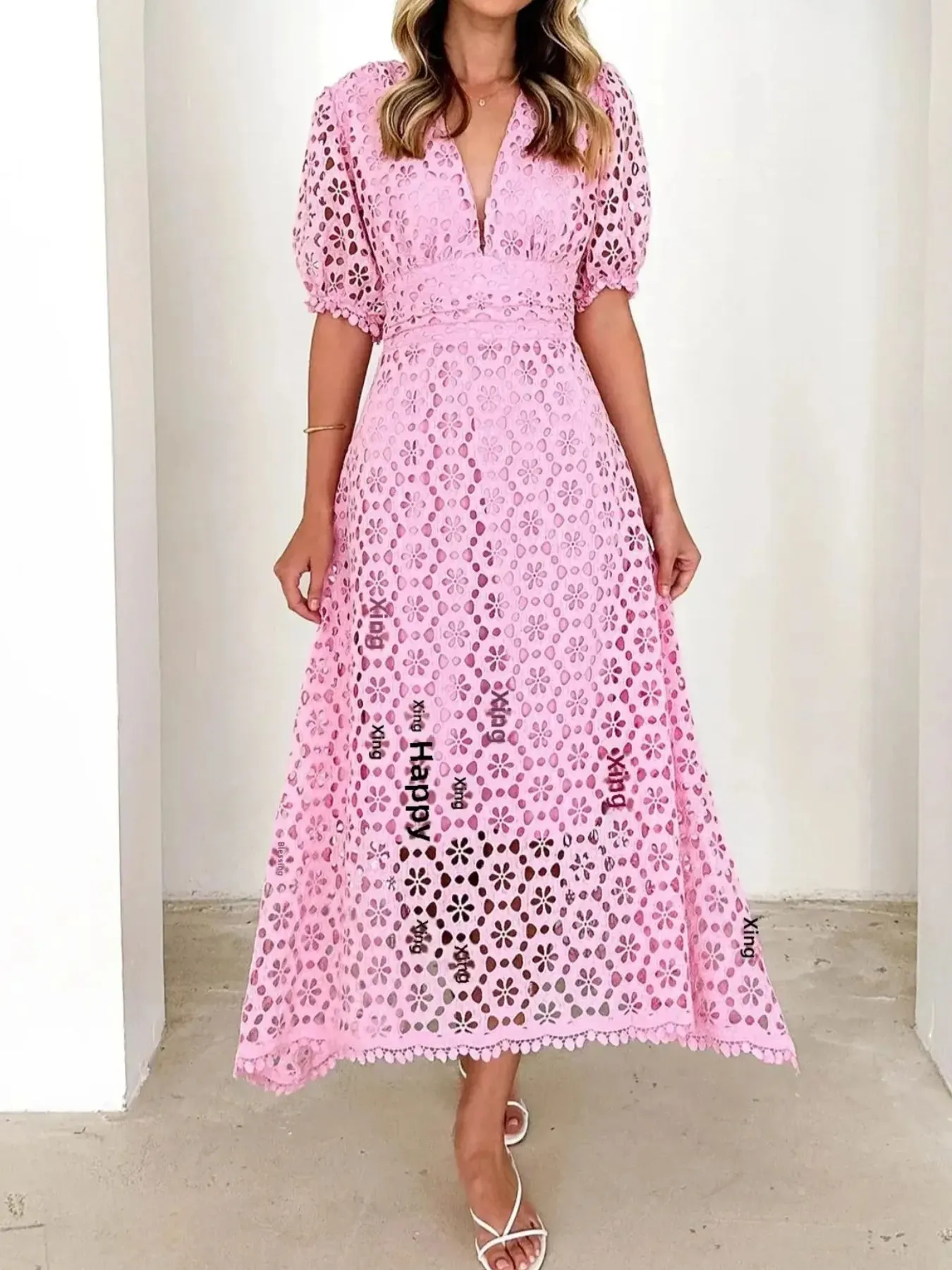 Eyelet Lace V-Neck Midi Dress with Puff Sleeves - Image 13