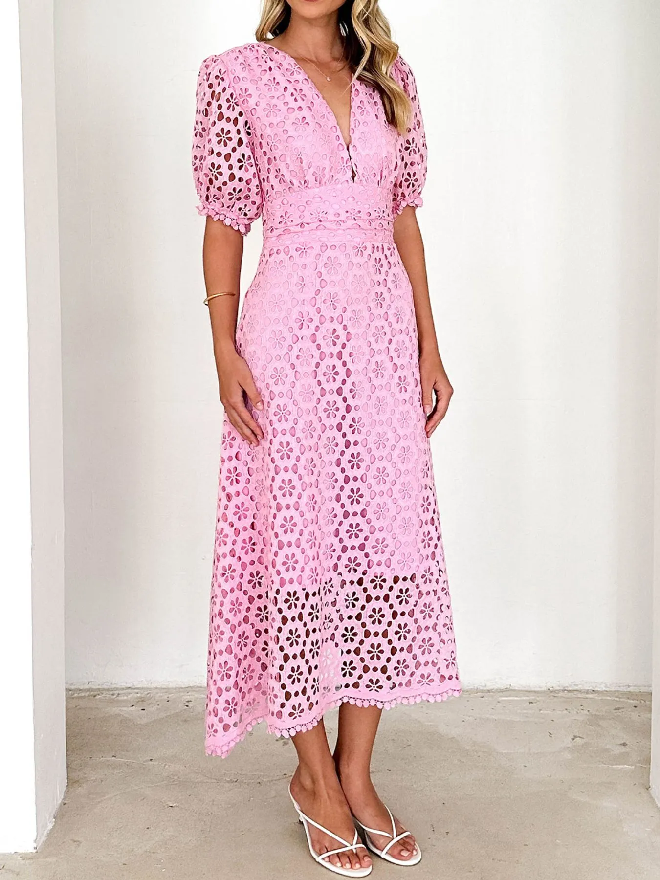 Eyelet Lace V-Neck Midi Dress with Puff Sleeves - Image 14