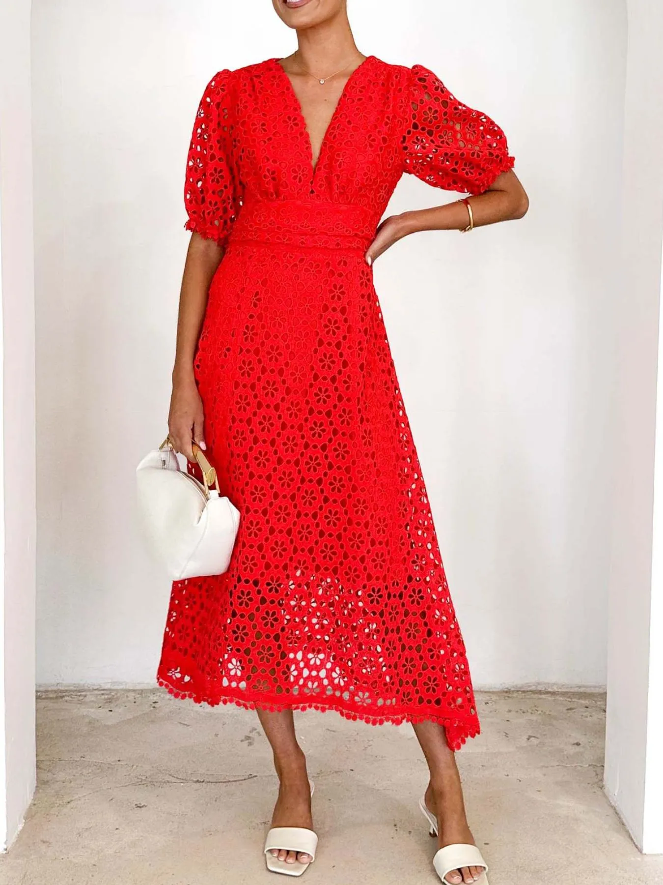 Eyelet Lace V-Neck Midi Dress with Puff Sleeves - Image 16