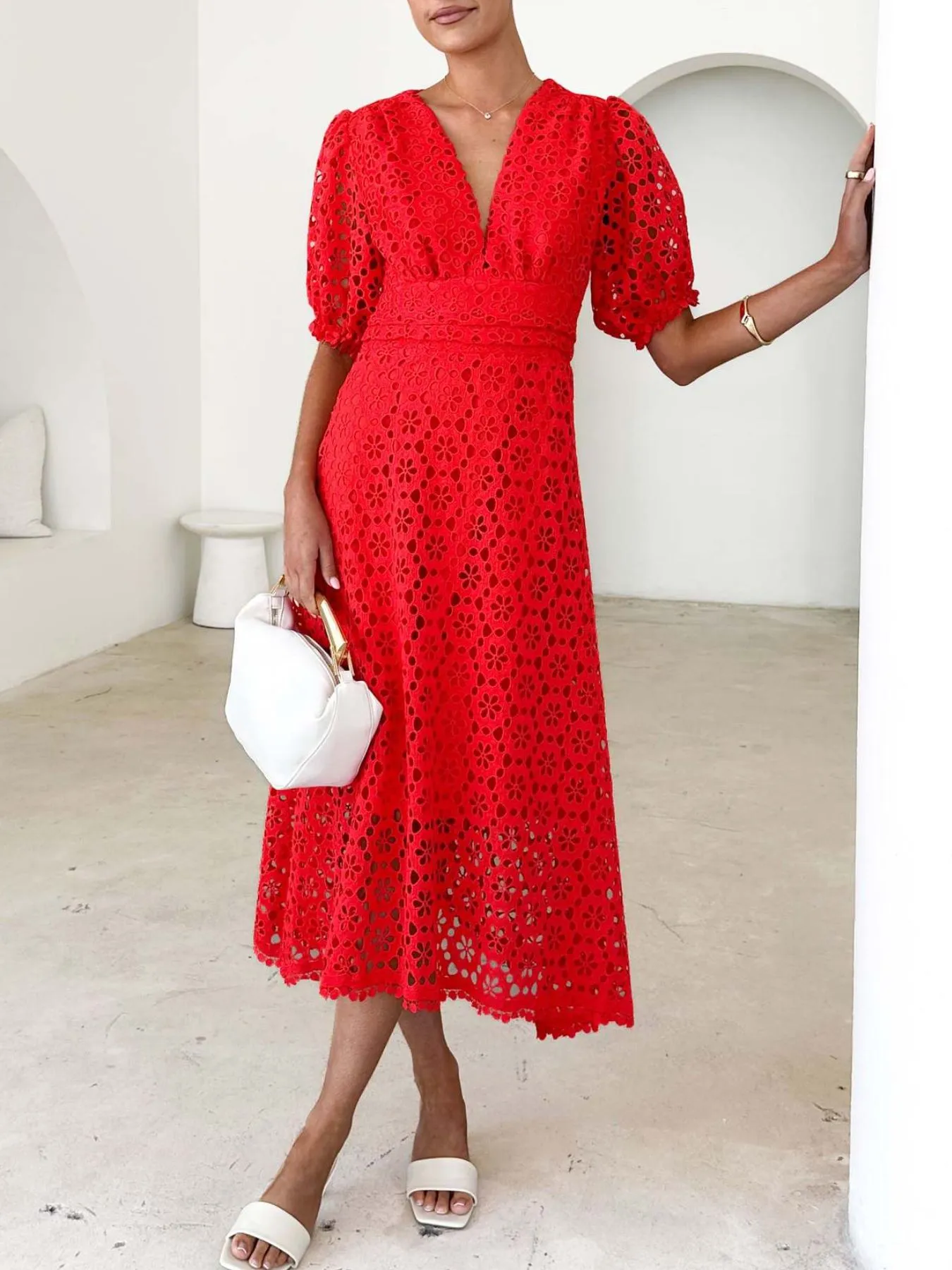 Eyelet Lace V-Neck Midi Dress with Puff Sleeves - Image 17